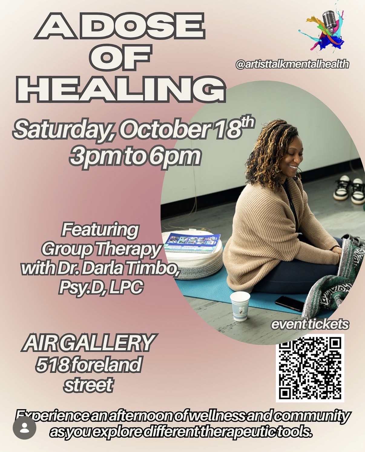 Event poster for a healing session featuring group therapy with Dr. Darta Timbo, at Air Gallery, October 18, 3-6 pm.