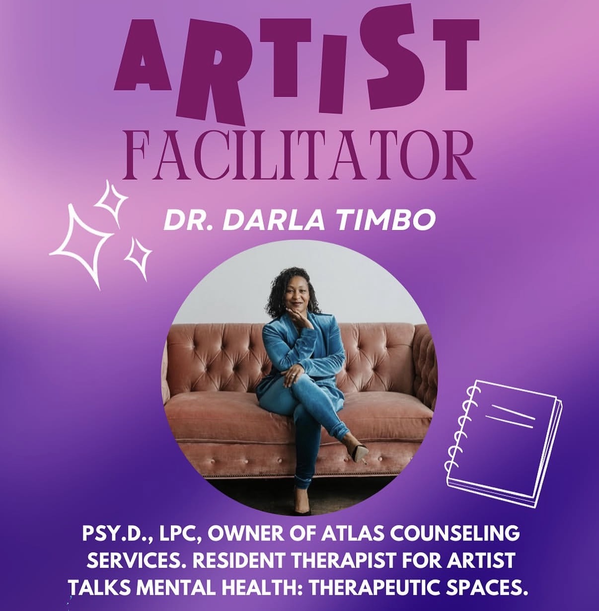 Poster featuring a woman sitting on a sofa, with text about an artist facilitator and her credentials.