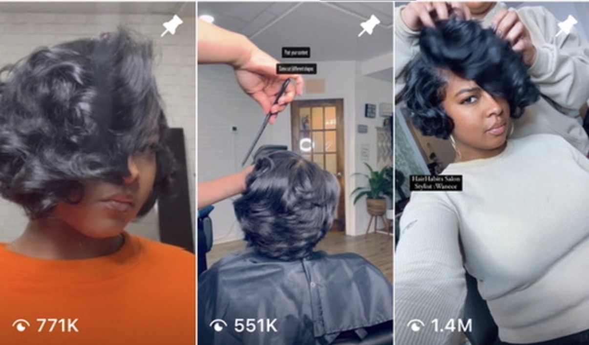 Three women with different hairstyles, one with curly hair, one getting a haircut, and one with styled hair, in various settings.