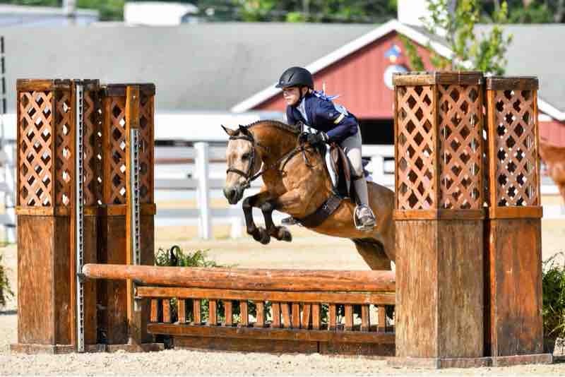 Person riding a horse jumps over an obstacle in an outdoor equestrian event.