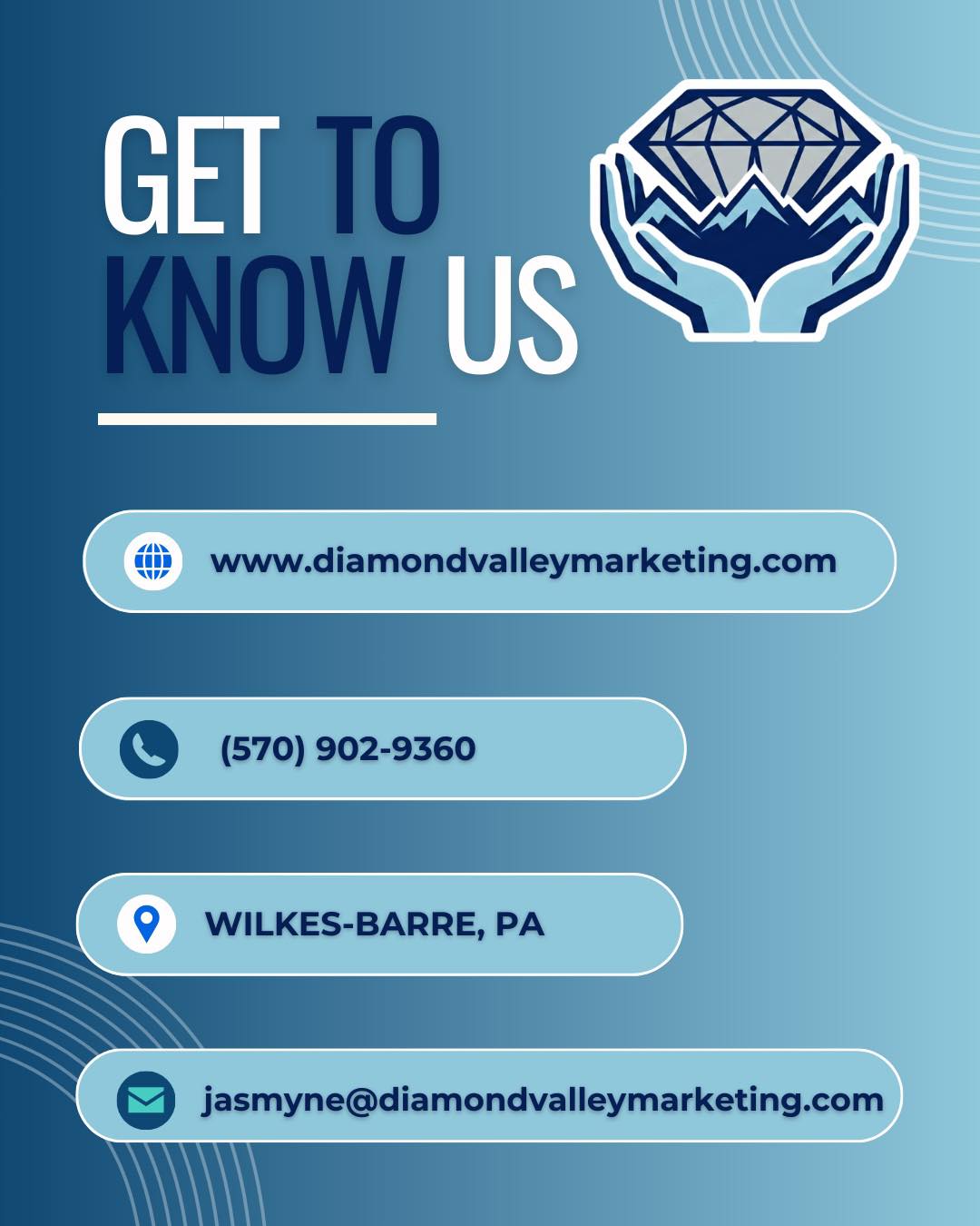 Promotional graphic with text, icons, and contact information for Diamond Valley Marketing, including website, phone, location, and email.