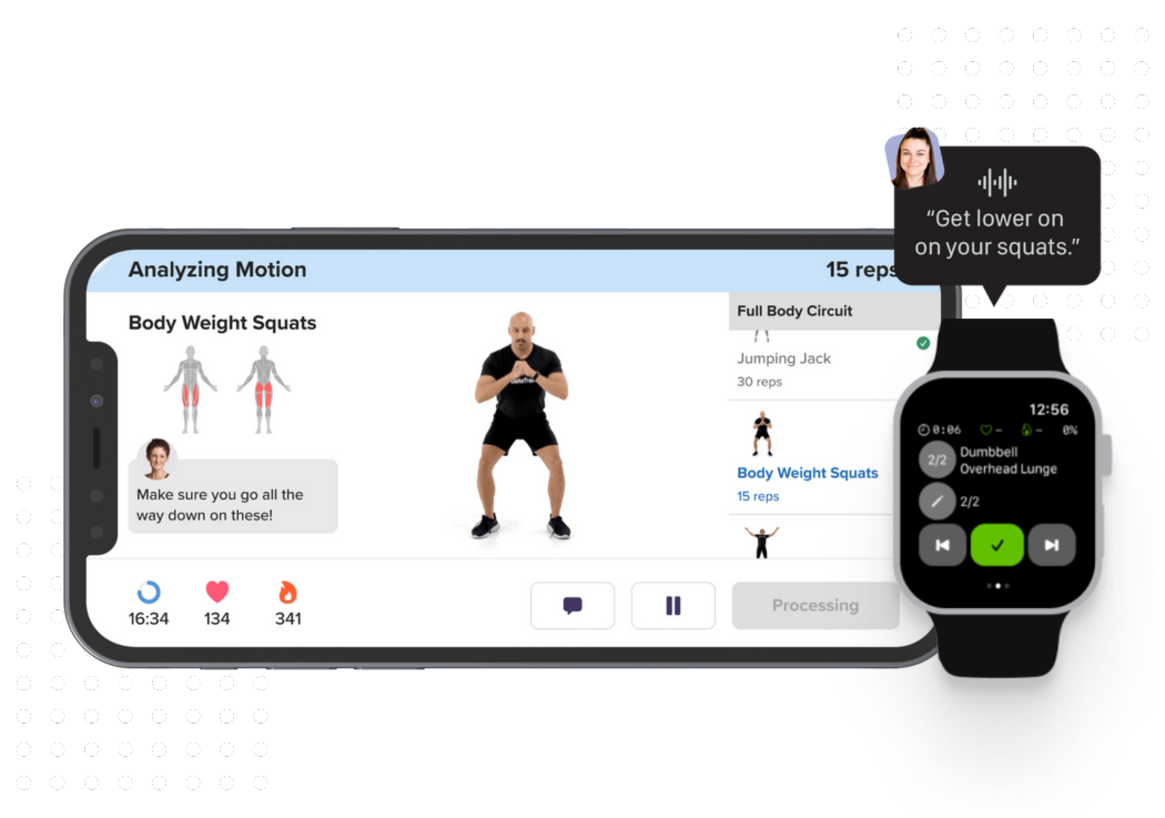 Smartwatch and tablet display workout instructions and progress, with a speech bubble and dotted background pattern.