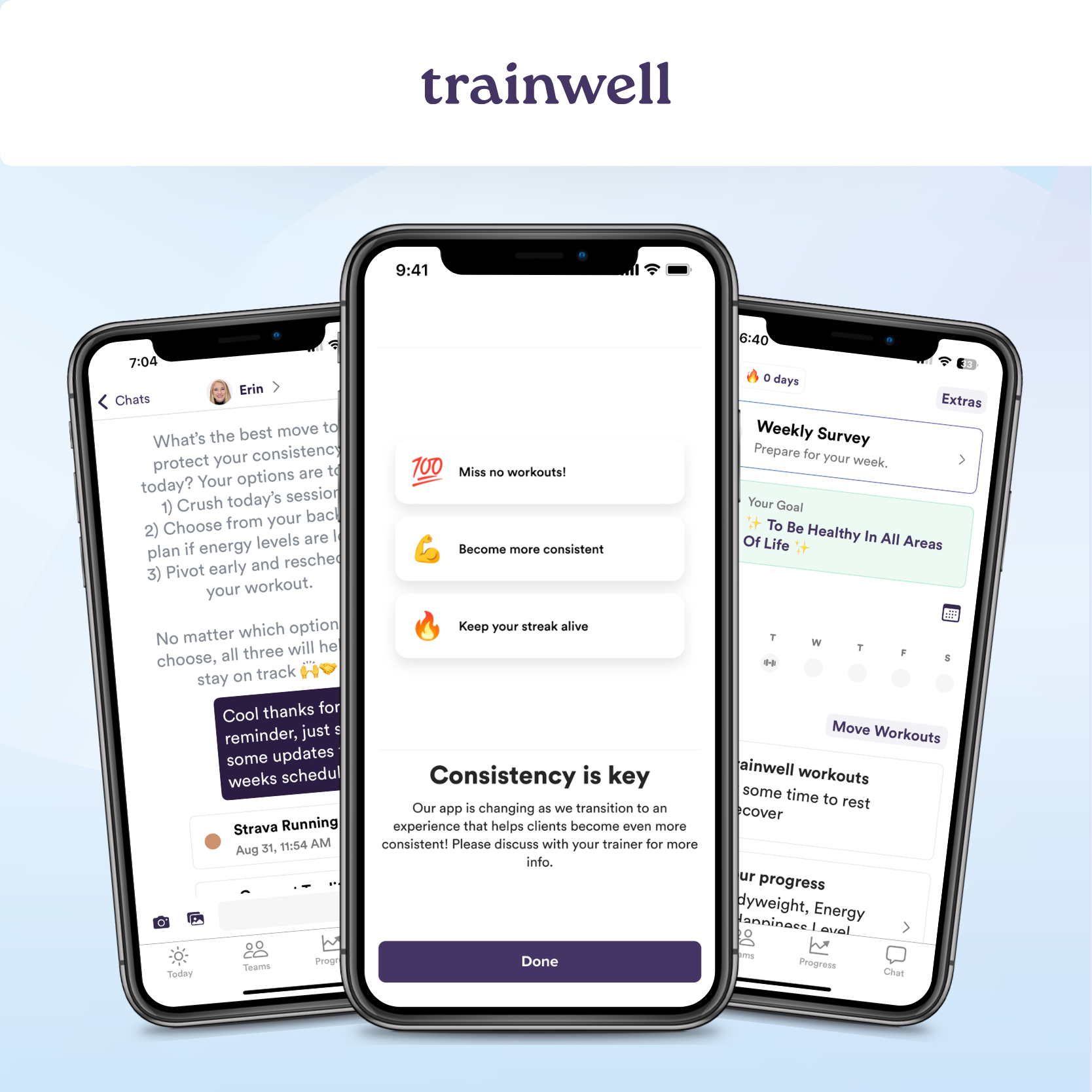 Three smartphones display fitness app screens with workout and survey information, centered on a white background with the word 'trainwell' at the top.