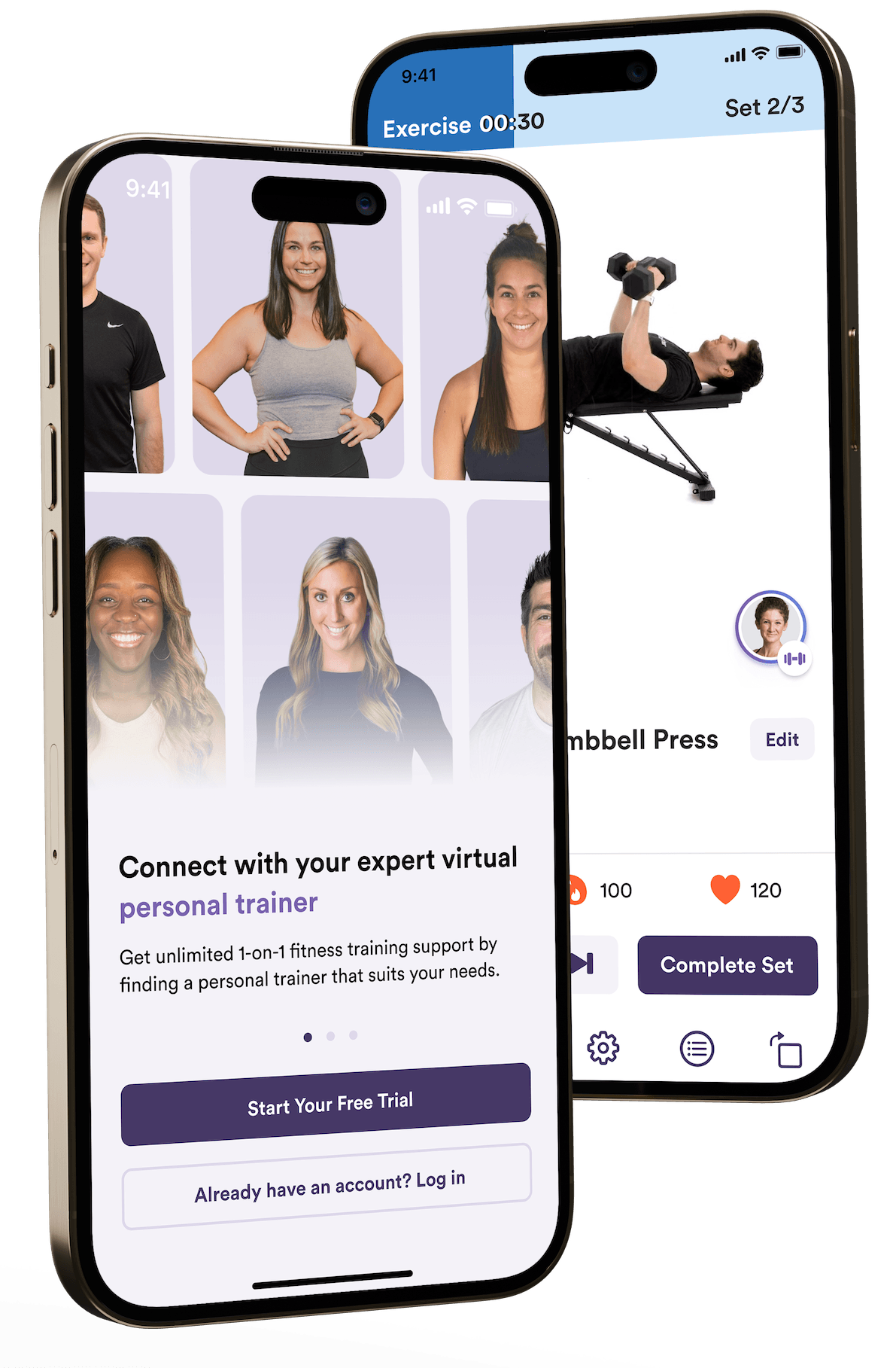 Two smartphones display virtual fitness training apps with trainers and workout options, one in front of the other.