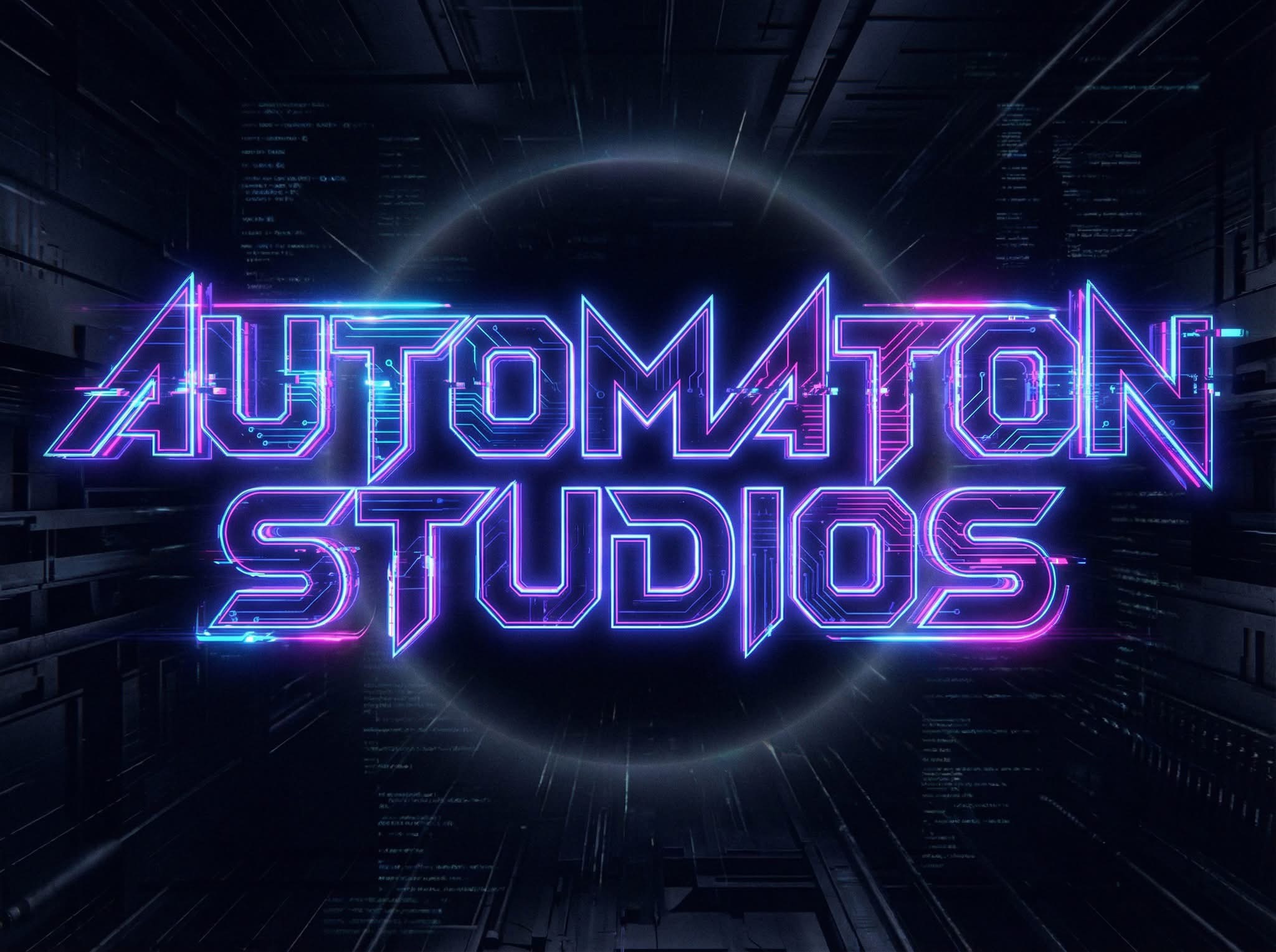 Futuristic neon sign reads 'Automaton Studios' with digital background.