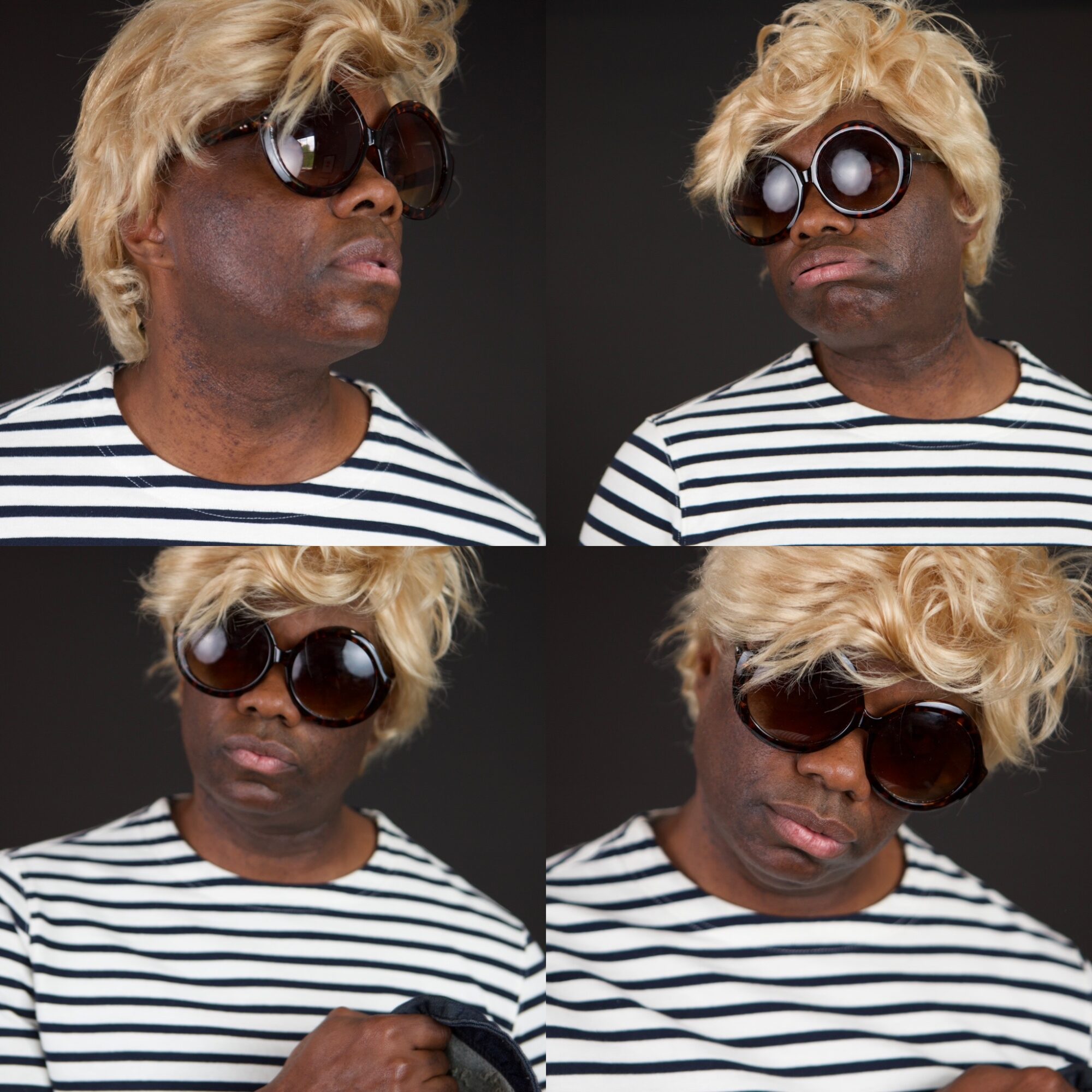 Four images of a person with blonde hair, sunglasses, and a striped shirt, facing different directions against a black background.