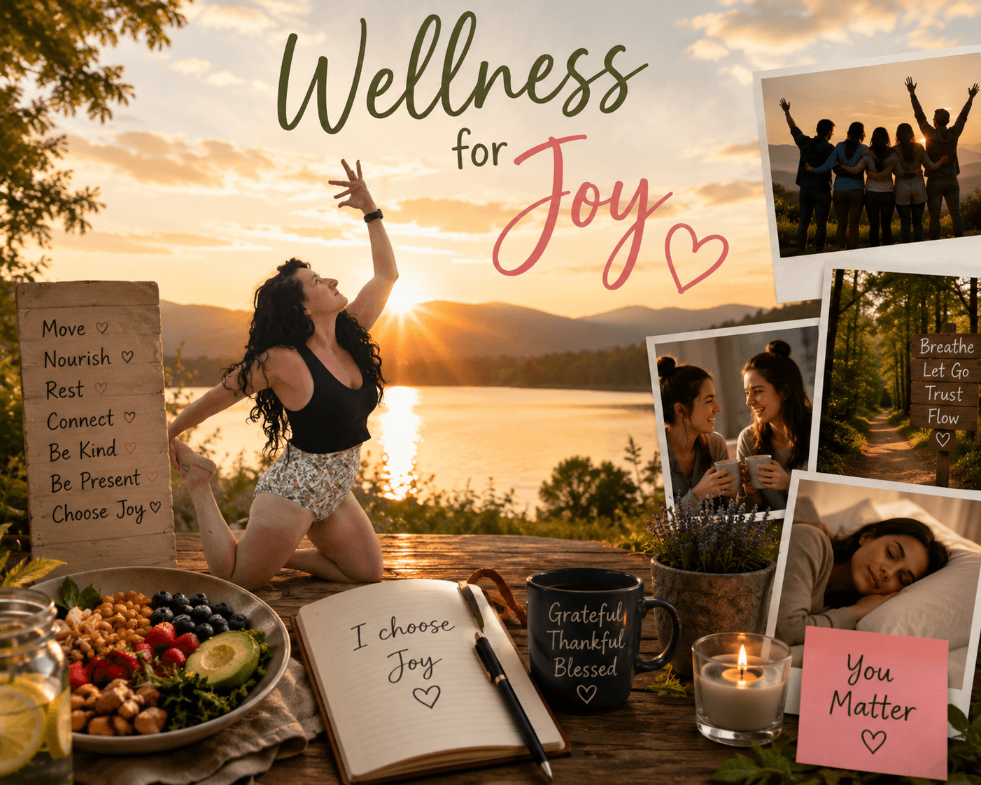 Person practicing yoga outdoors at sunset with wellness and joy-themed items, photos, and a basket of fruit.