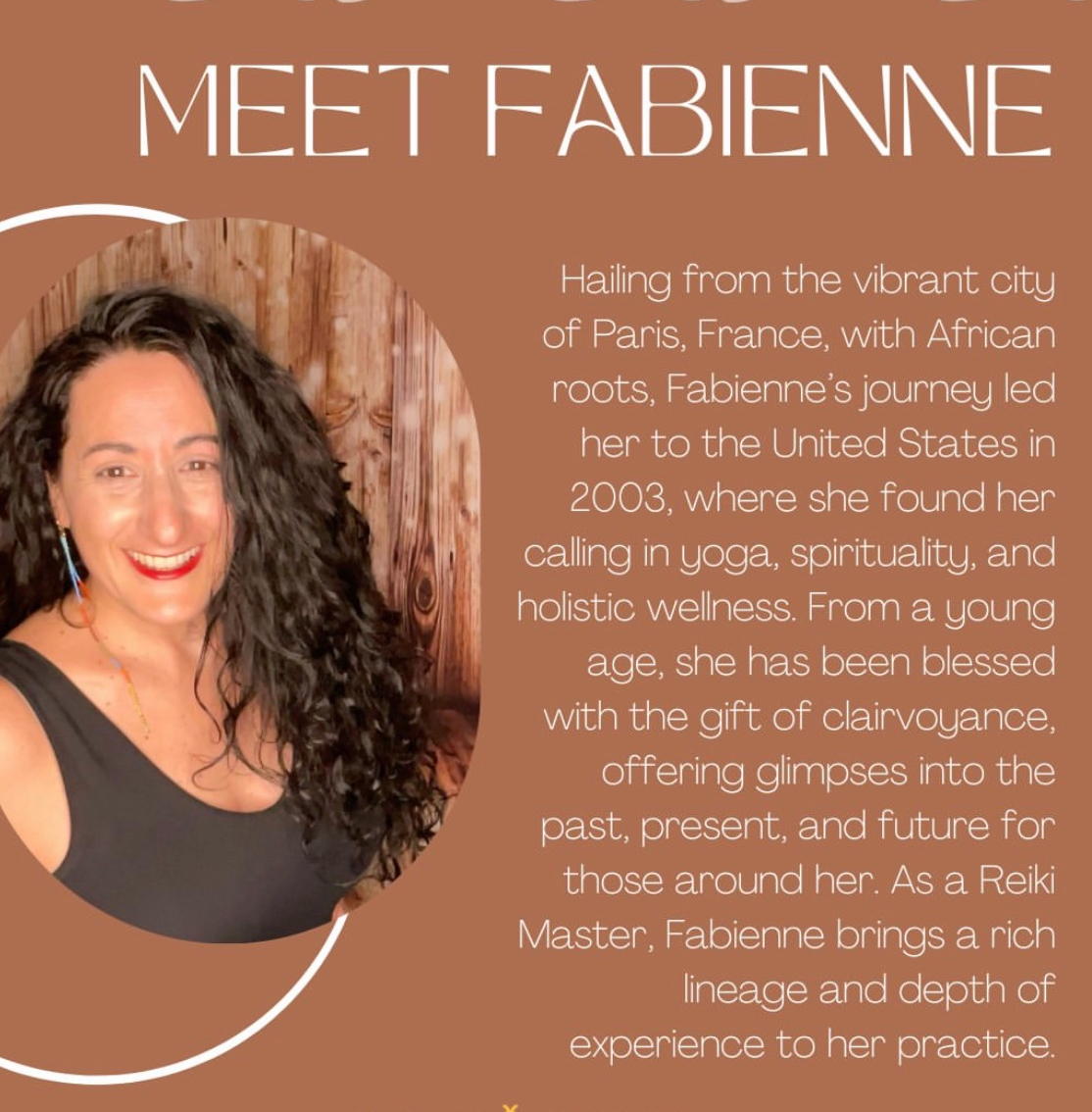 Portrait of a woman with curly hair smiling, on a brown background with text about Fabienne's journey and wellness.
