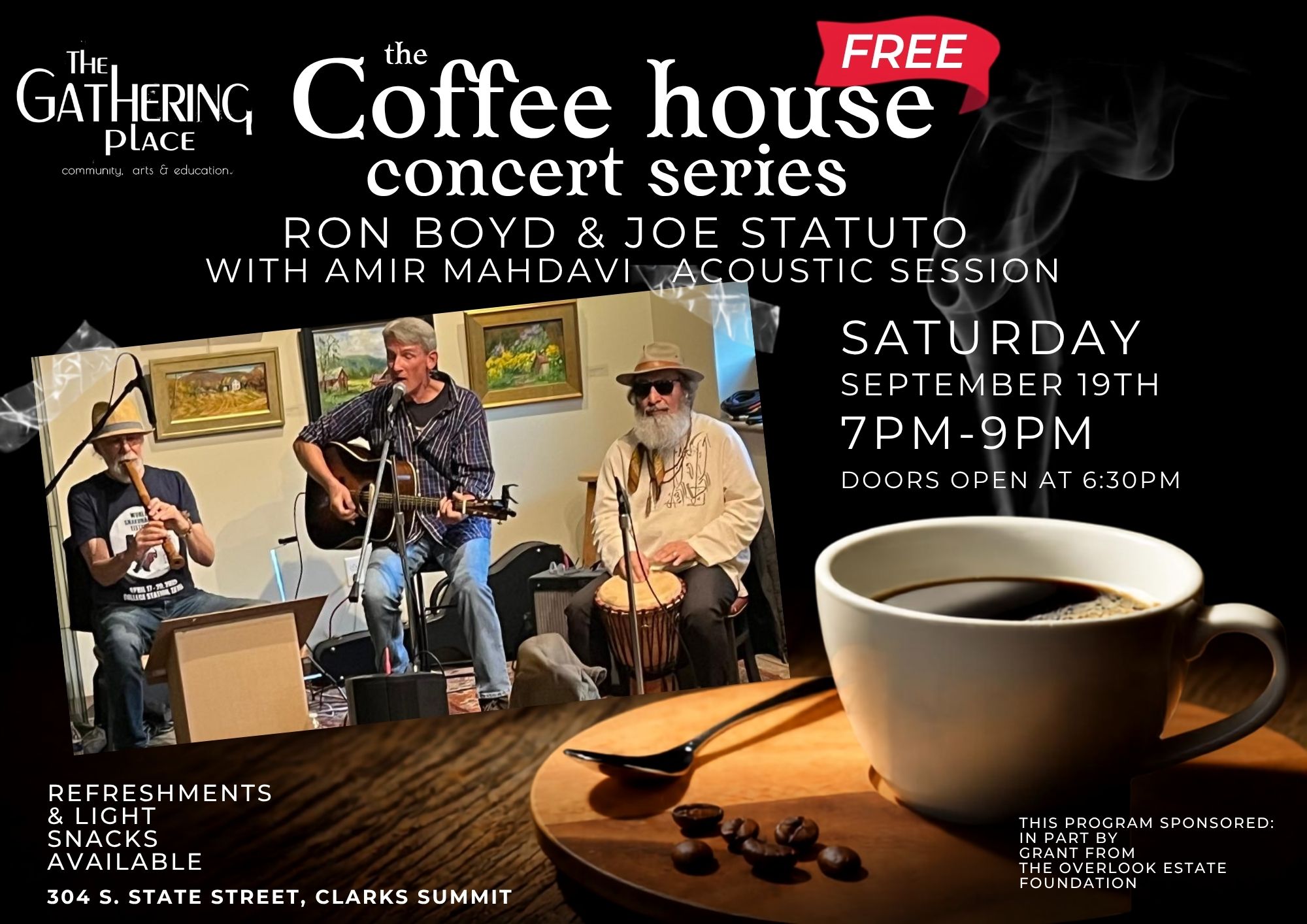 Two musicians perform with guitars and a microphone, a coffee cup with a spoon, and event details for a concert series.