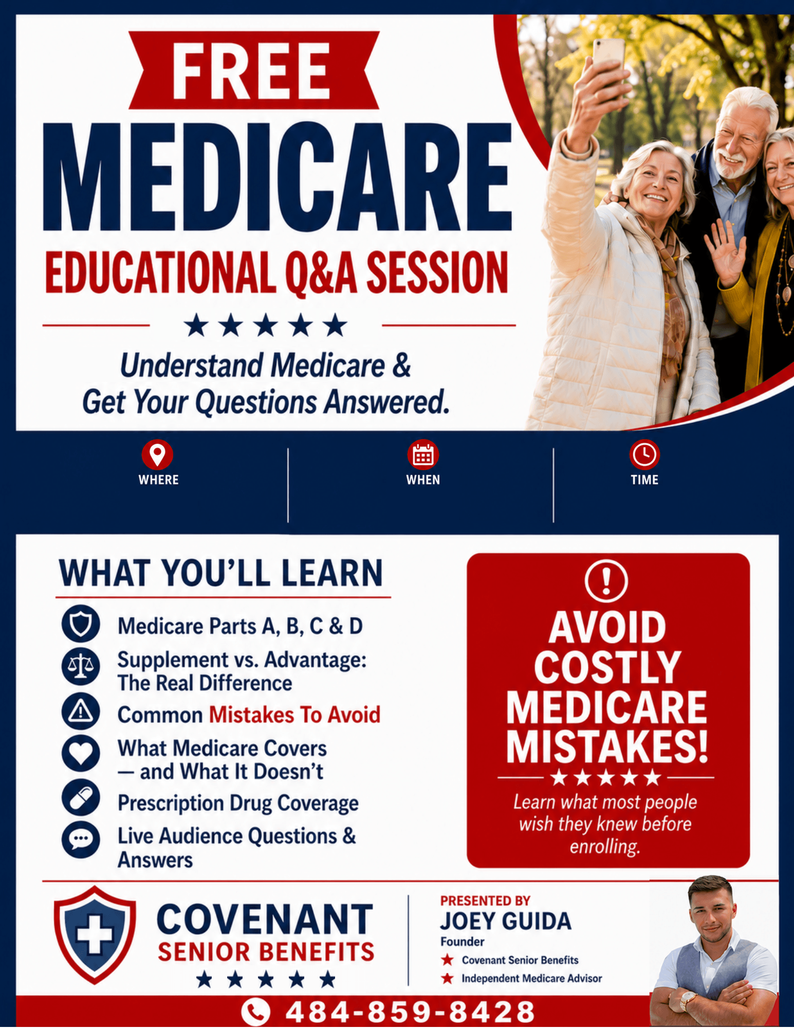 Group of elderly people outdoors, smiling and taking a selfie, with a banner about free Medicare educational session, and information on Medicare benefits and mistakes.