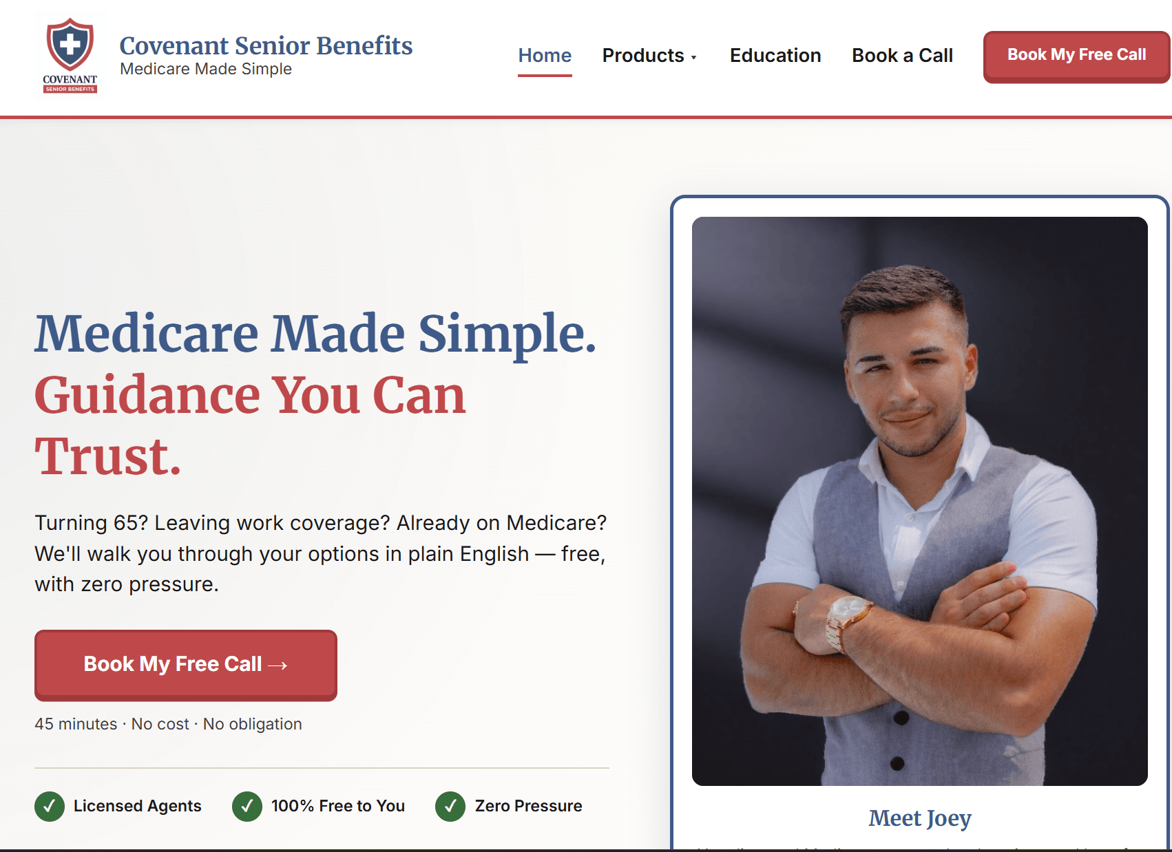 Website homepage with a man in a gray shirt crossing arms, text about Medicare guidance, and a red button.
