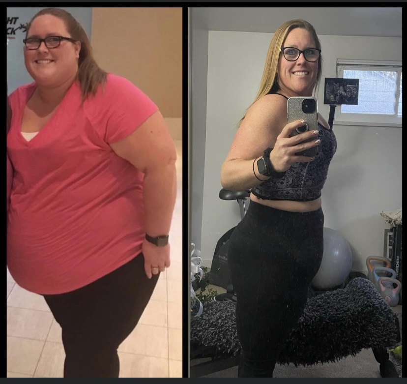 Side-by-side photos of a woman before and after weight loss, smiling, in different outfits and settings.