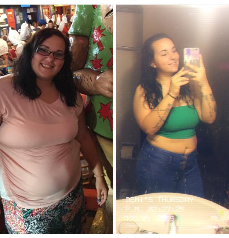 Side-by-side photos of a woman, one smiling in a store and the other taking a mirror selfie, wearing a green top.