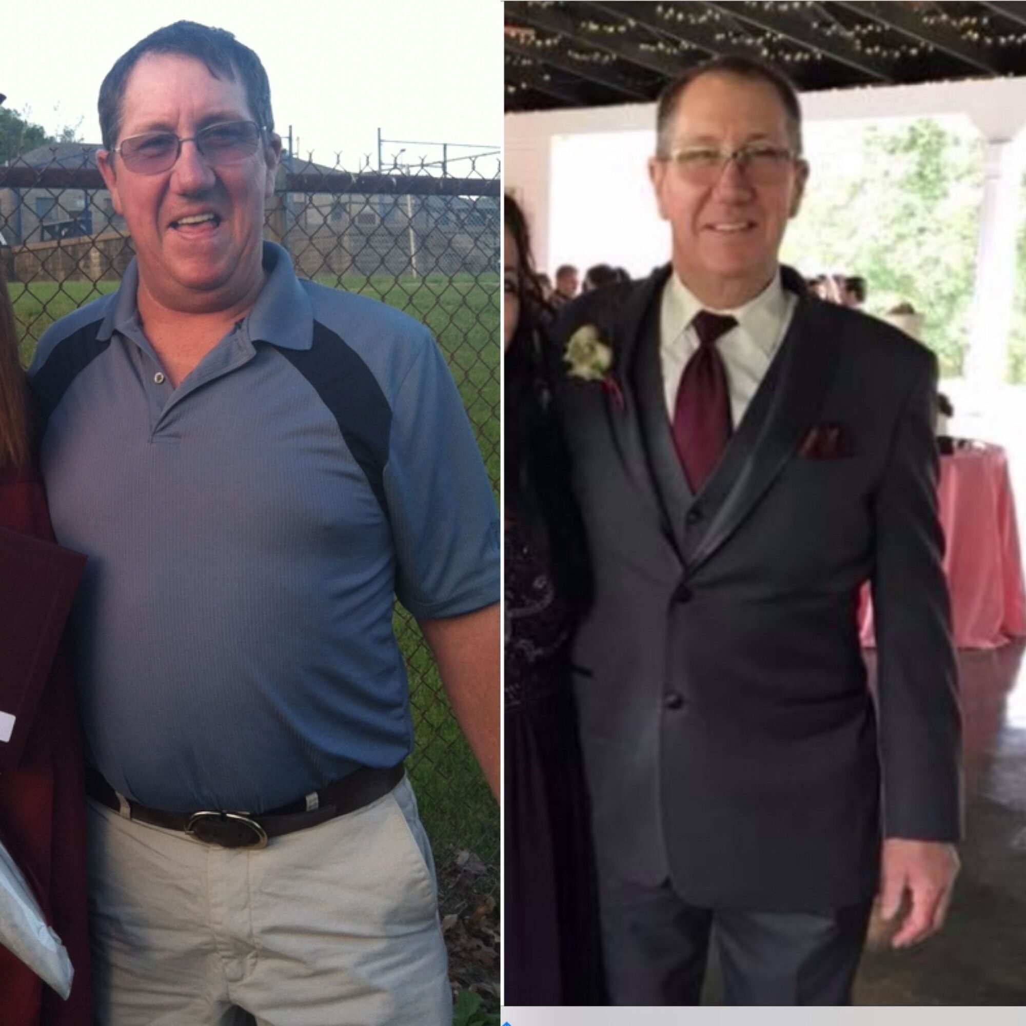 Side-by-side photos of a man, casual on the left, formal in a suit on the right, smiling, in different settings.