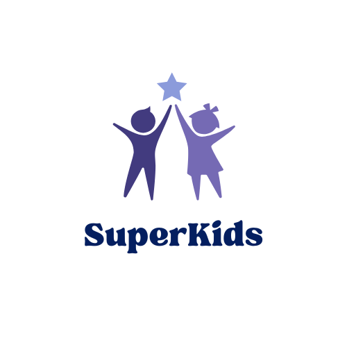 Two children holding a star between them, with the text 'SuperKids' below, on a white background.