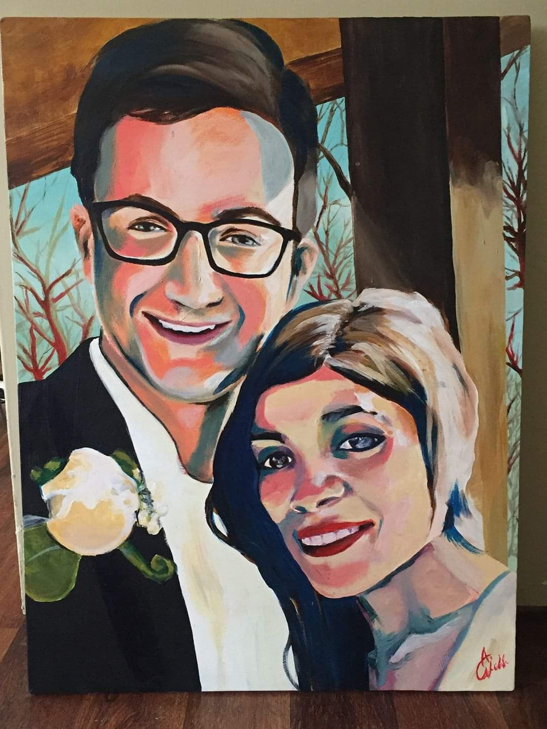 A painted portrait of a smiling man with glasses and a woman with shoulder-length hair, both dressed formally, outdoors.