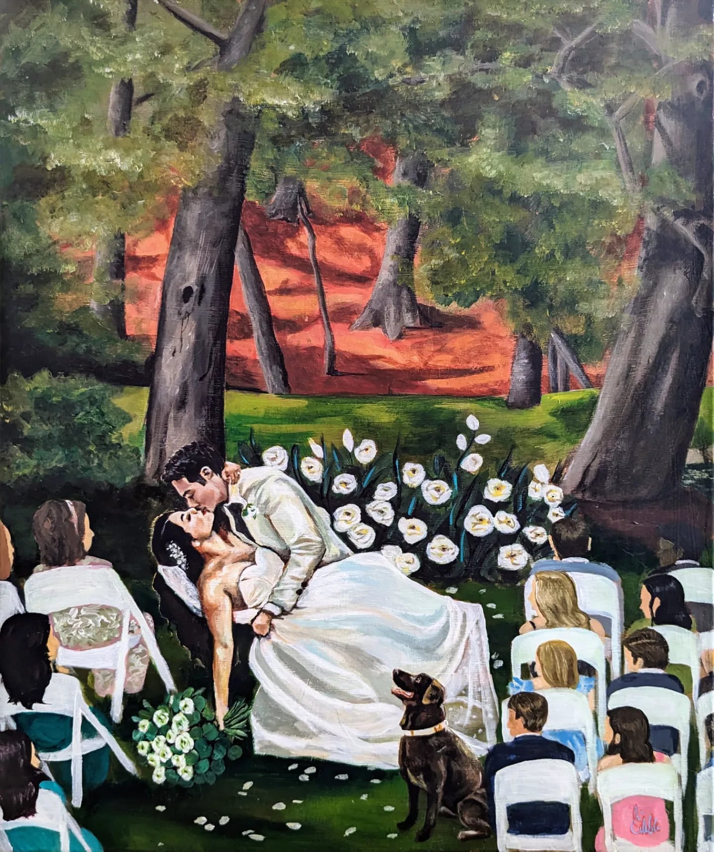 A wedding scene with a bride and groom kissing outdoors, surrounded by guests, trees, and flowers.