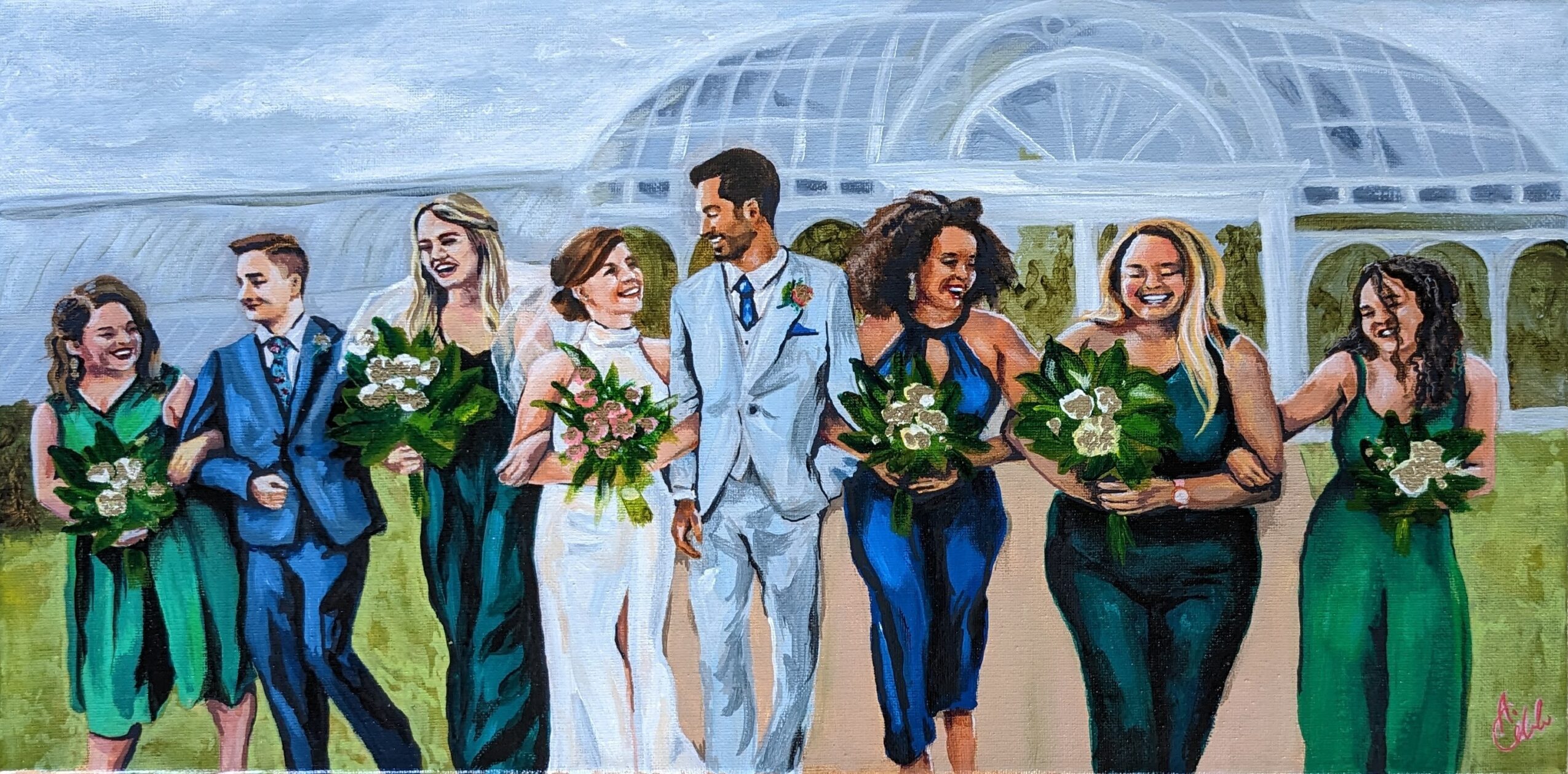 Group of people in formal attire standing outdoors in front of a glass-domed building, holding flowers, smiling.