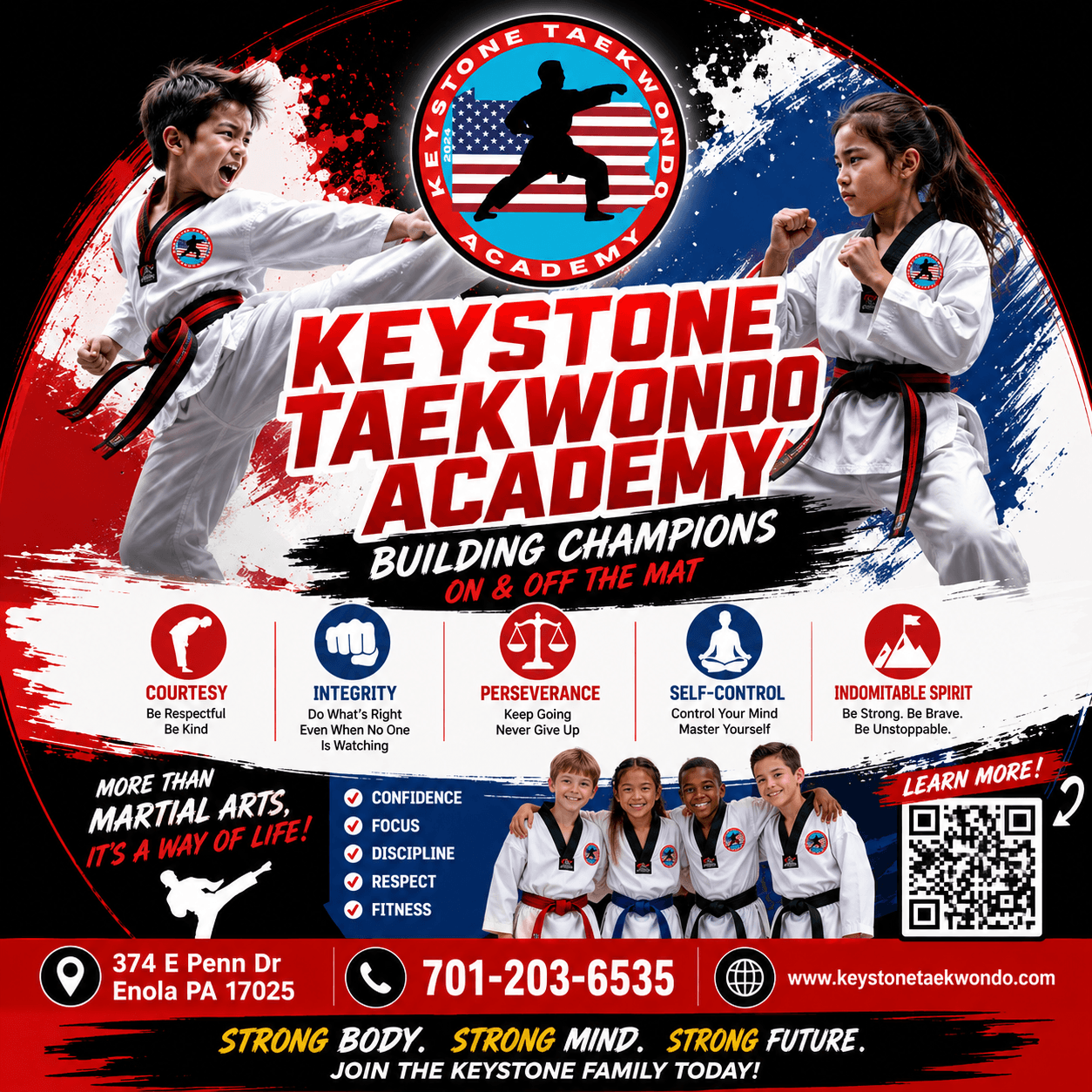 Two children in taekwondo uniforms facing each other, with a logo and text promoting Keystone Taekwondo Academy, and a QR code.
