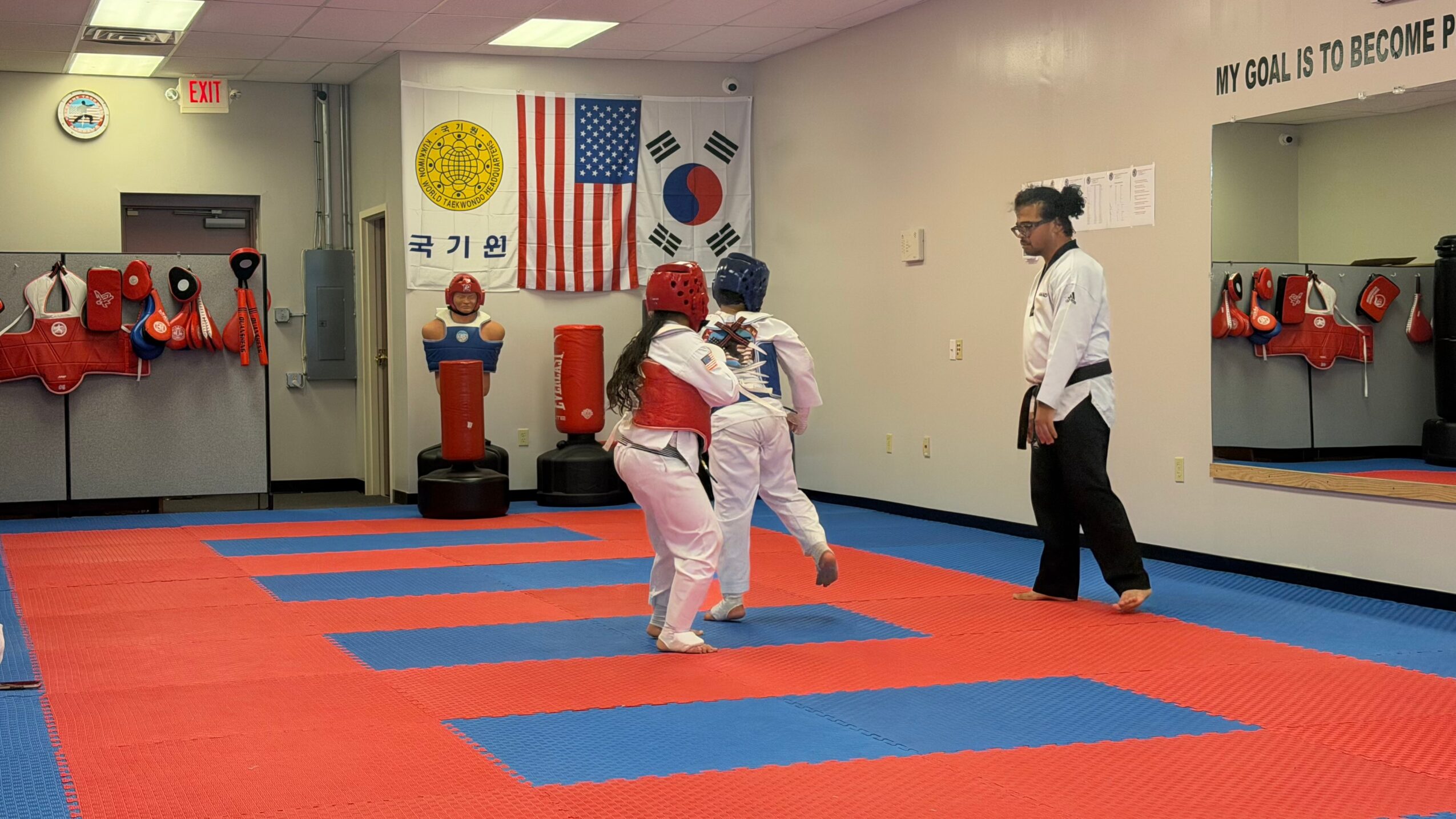 Two martial artists practicing in a dojo with flags, punching bags, and a mirror, while an instructor observes. Word on wall: 'MY GOAL IS TO BECOME P'.