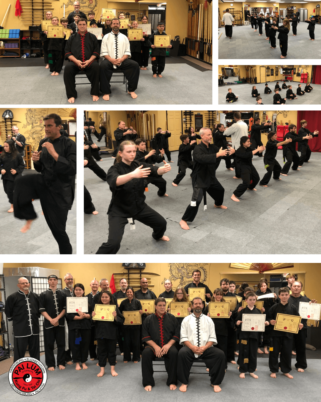 Group of people in martial arts uniforms practicing in a dojo, some holding certificates, others performing techniques, with instructors present.