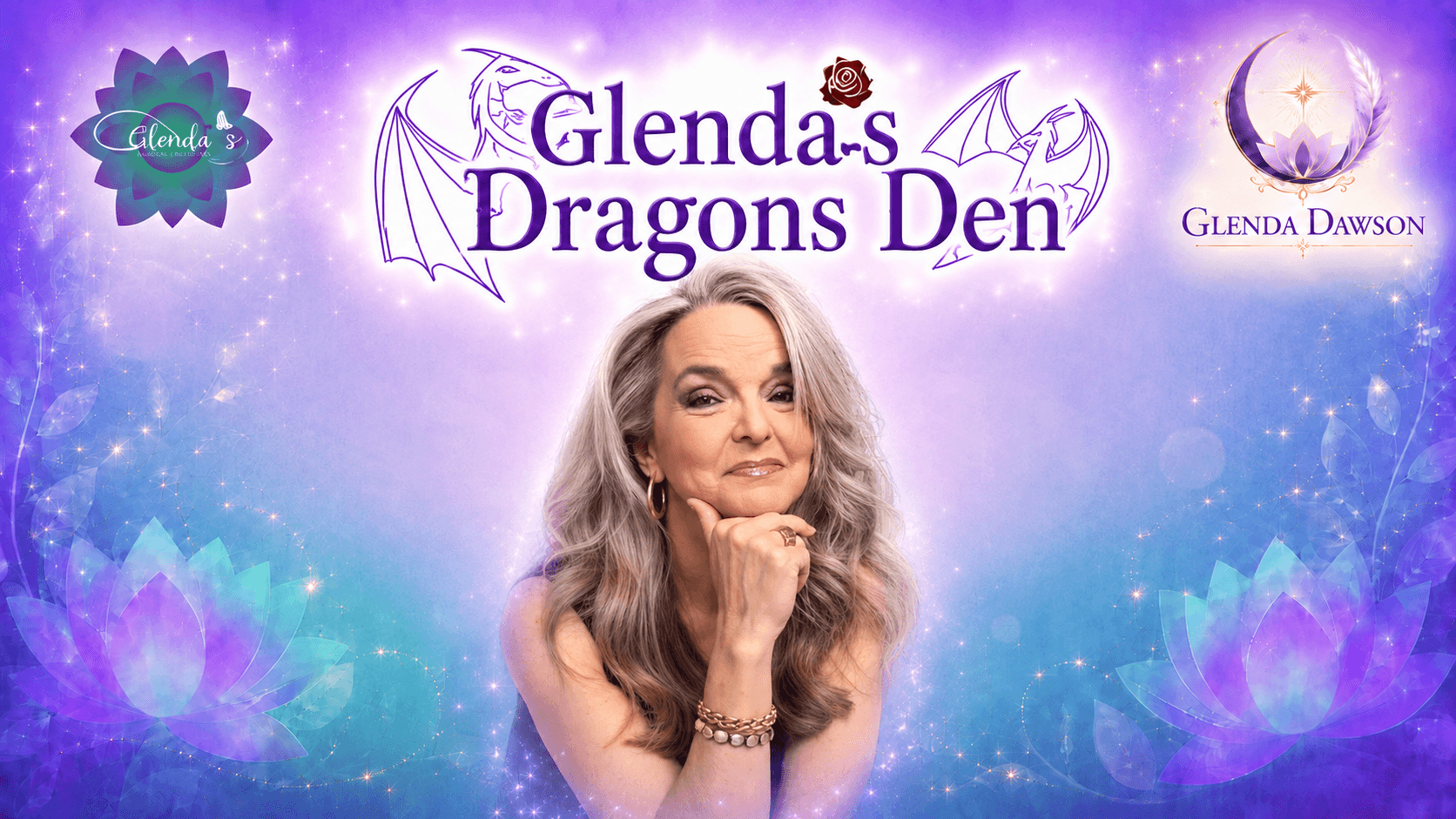A woman with long gray hair smiling, with a colorful, fantasy-themed background featuring lotus flowers and stars.