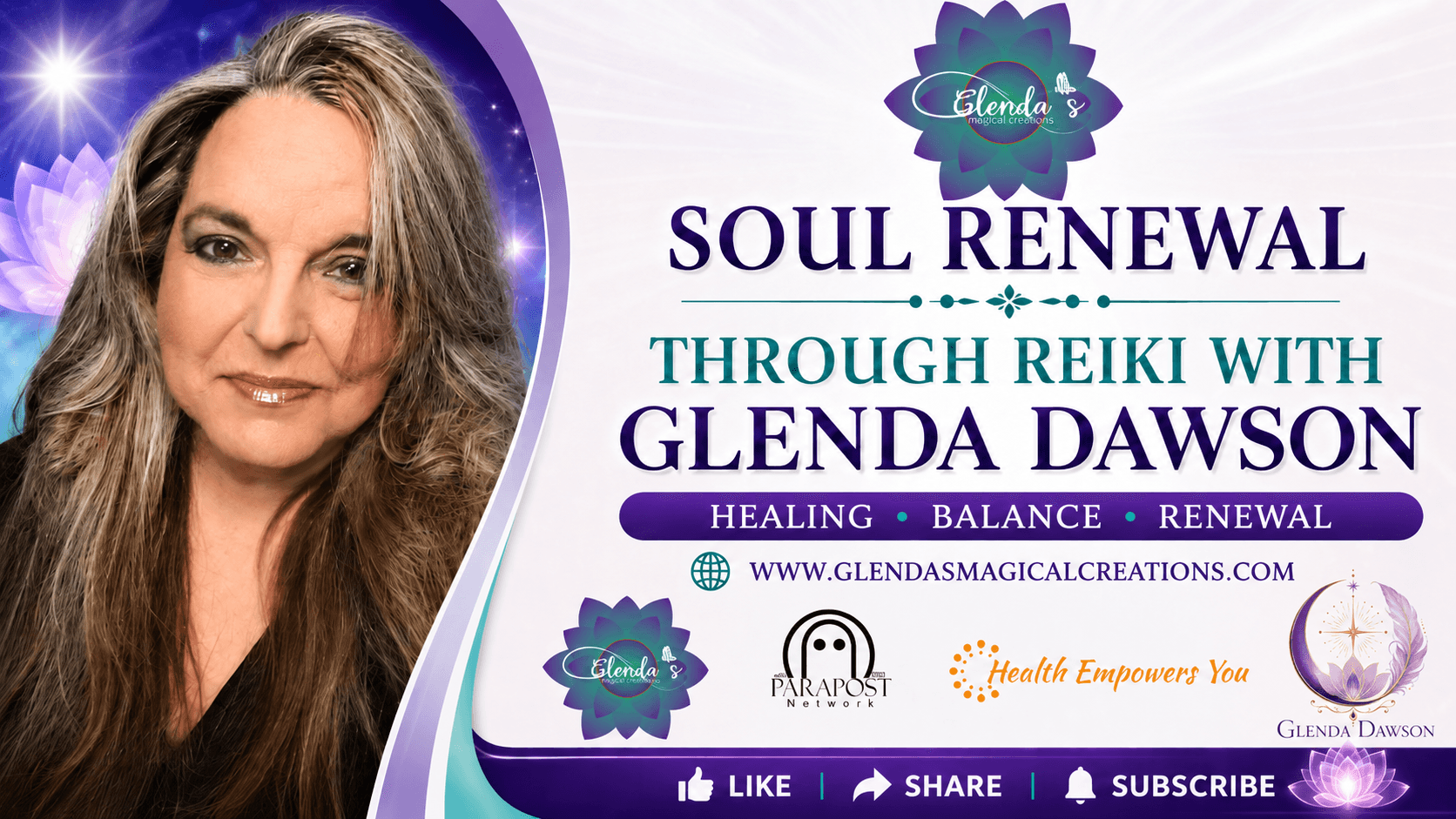 Promotional flyer for Soul Renewal Reiki session with Glenda Dawson, featuring a woman with long hair, healing themes, and website link.