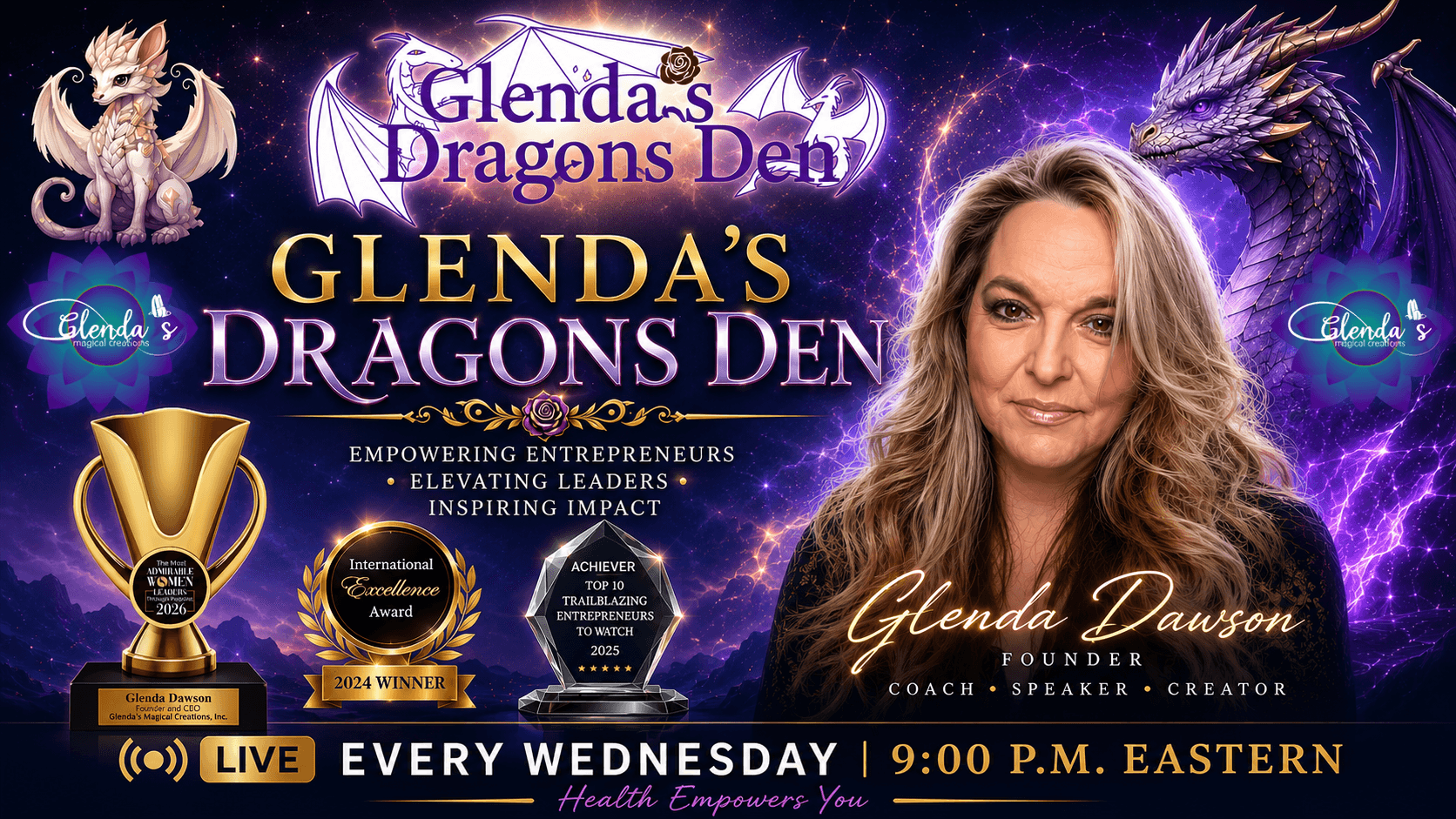 Promotional graphic for Glenda's Dragons Den featuring a woman, dragons, and event details, with purple lightning background.