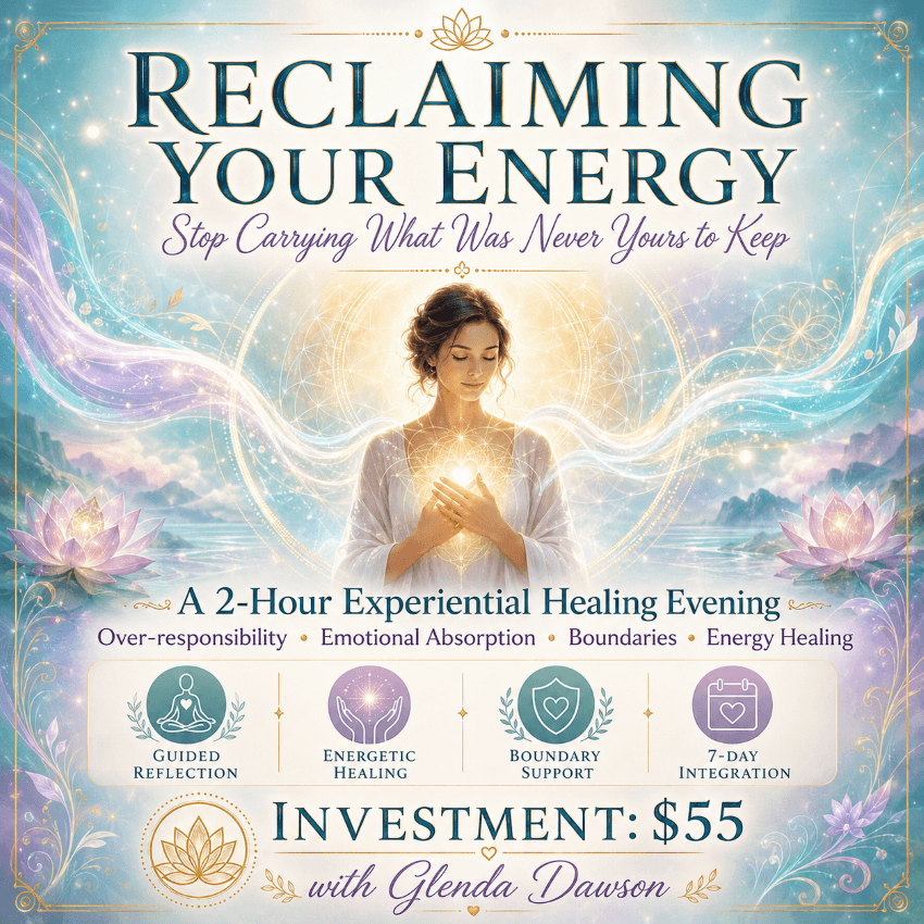 Woman with hands over heart, glowing light, lotus flowers, and celestial background, promoting a healing evening event.