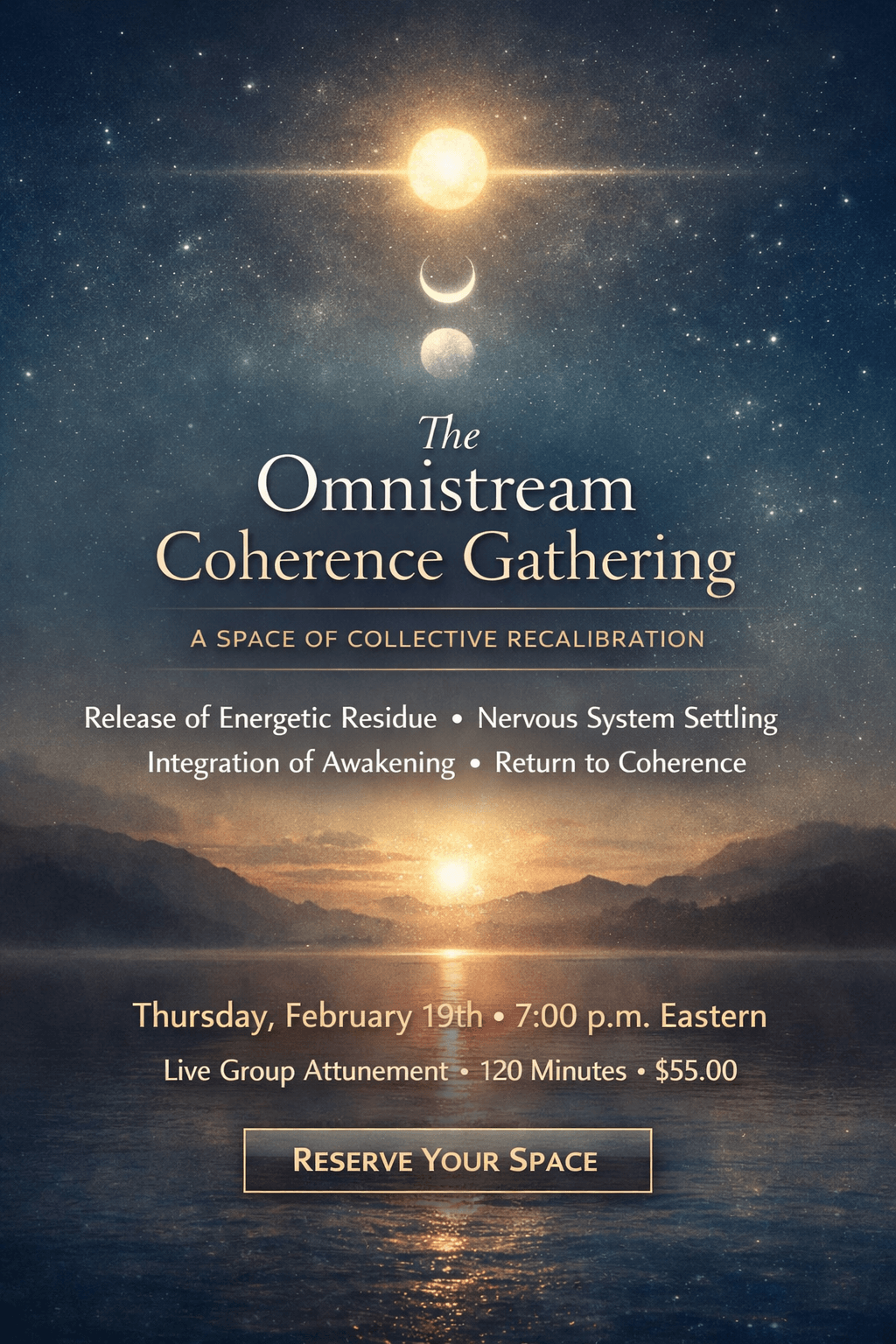 Night sky with celestial bodies and moon phases above a landscape, promoting an event called Omnistream Coherence Gathering.
