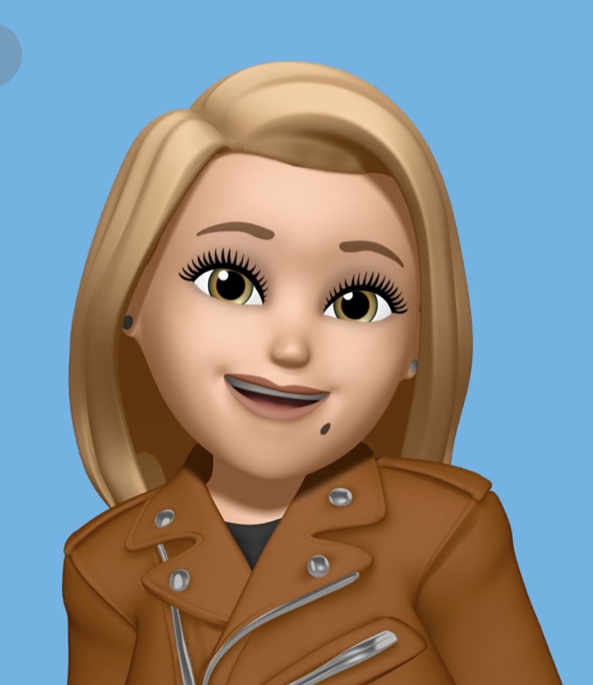 Animated woman with blonde hair, smiling, wearing a brown jacket, against a blue background.