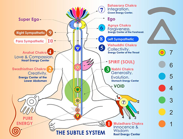 Diagram of subtle energy system with chakras, colors, and labels, showing energy flow in the body, with a person sitting cross-legged.