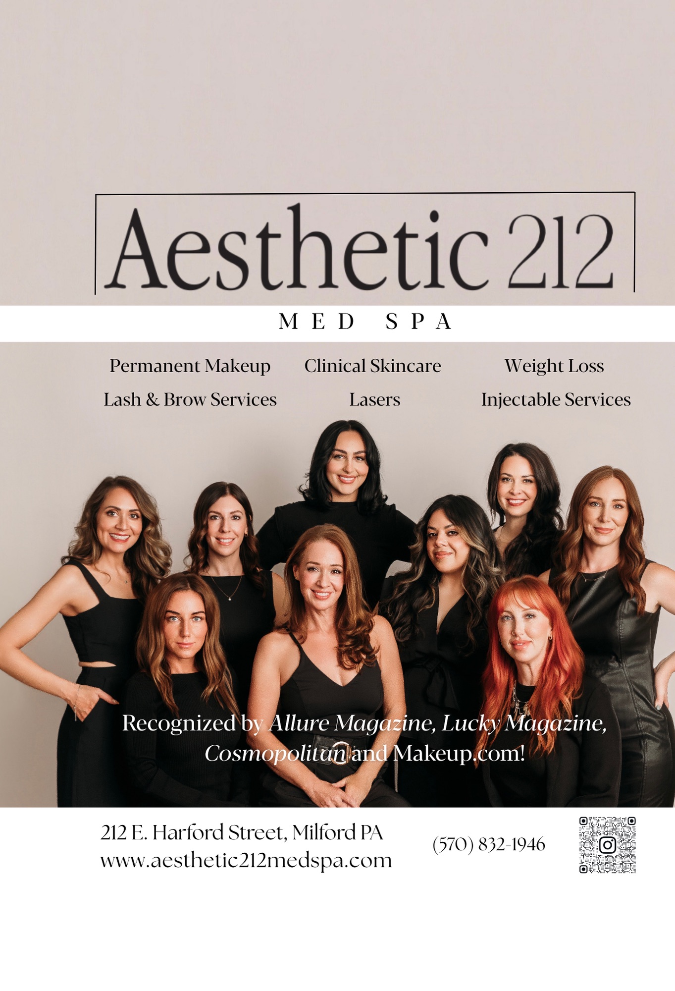Group of nine women in black dresses smiling, with text about aesthetic and spa services, address, and contact information.
