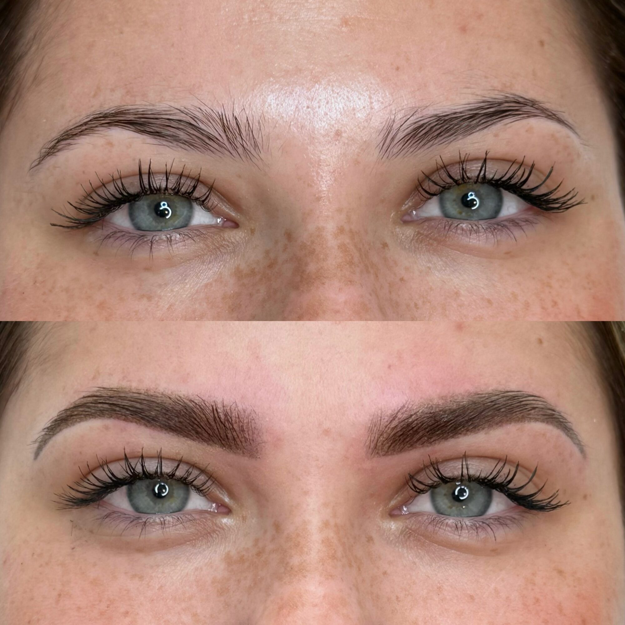 Close-up of a woman's face showing before and after eyebrow enhancement, with visible freckles and blue eyes.