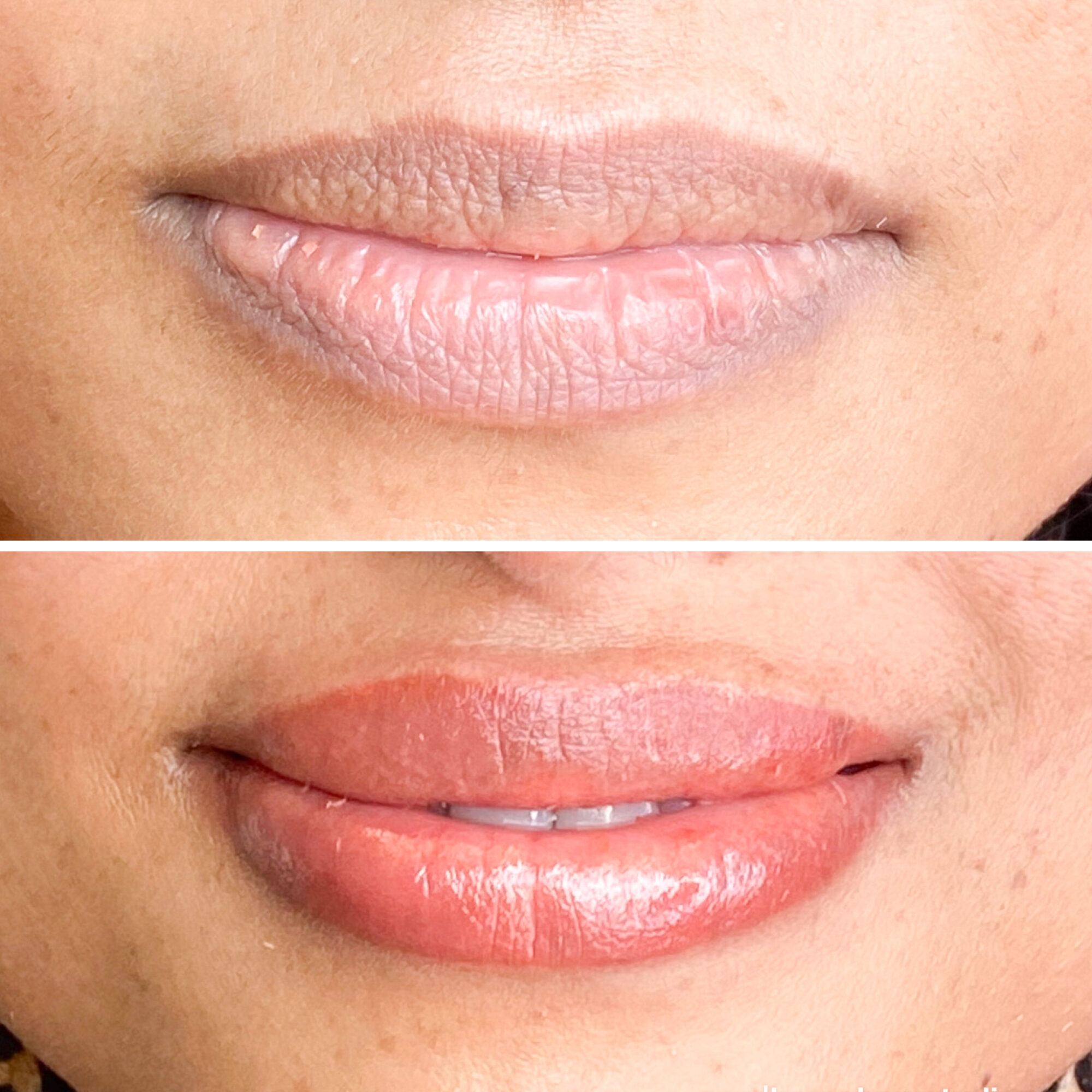 Close-up of lips before and after applying lip gloss, showing smoother, shinier lips in the second image.