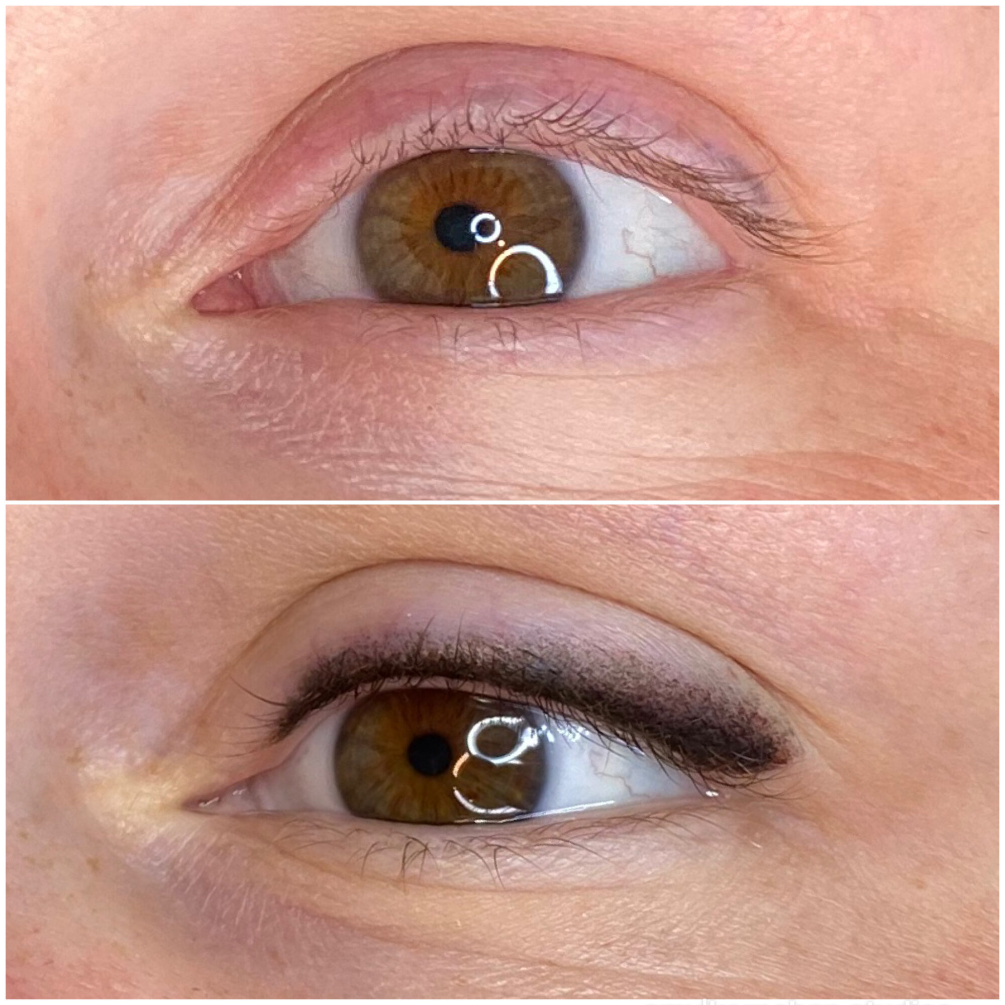 Close-up of a brown eye with makeup applied, showing the eye open and looking to the side.