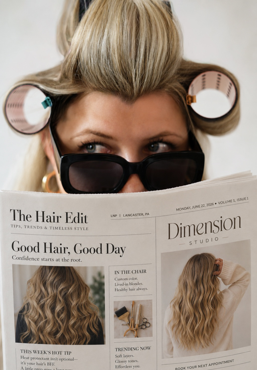 Person with blonde hair in rollers, wearing sunglasses, and partially visible face.