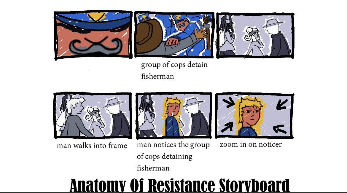 Six-panel comic strip showing police officers detaining a fisherman, a man walking into a frame, and a woman with a surprised expression.