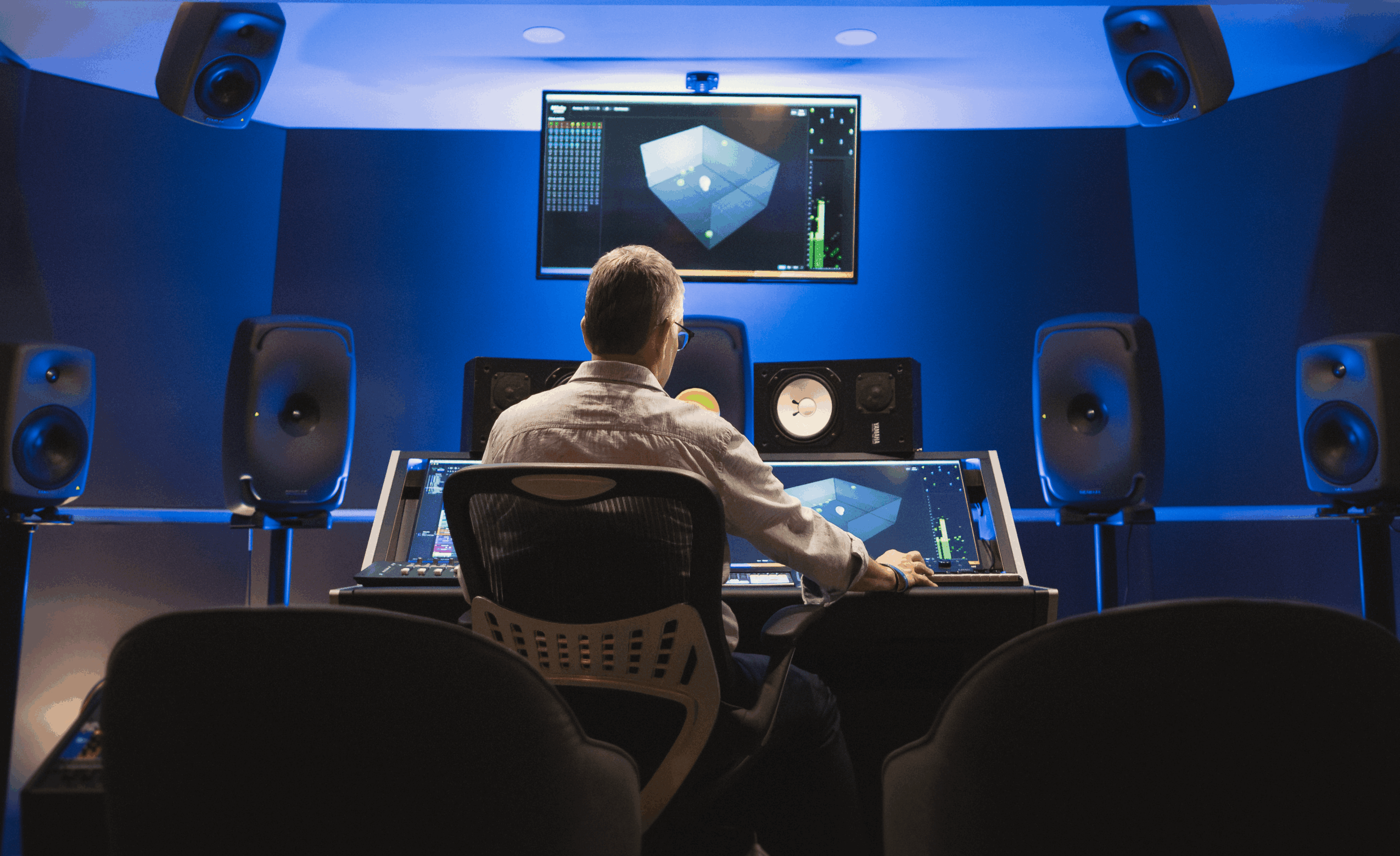 Person working at a mixing console in a professional audio studio with speakers and a large monitor.