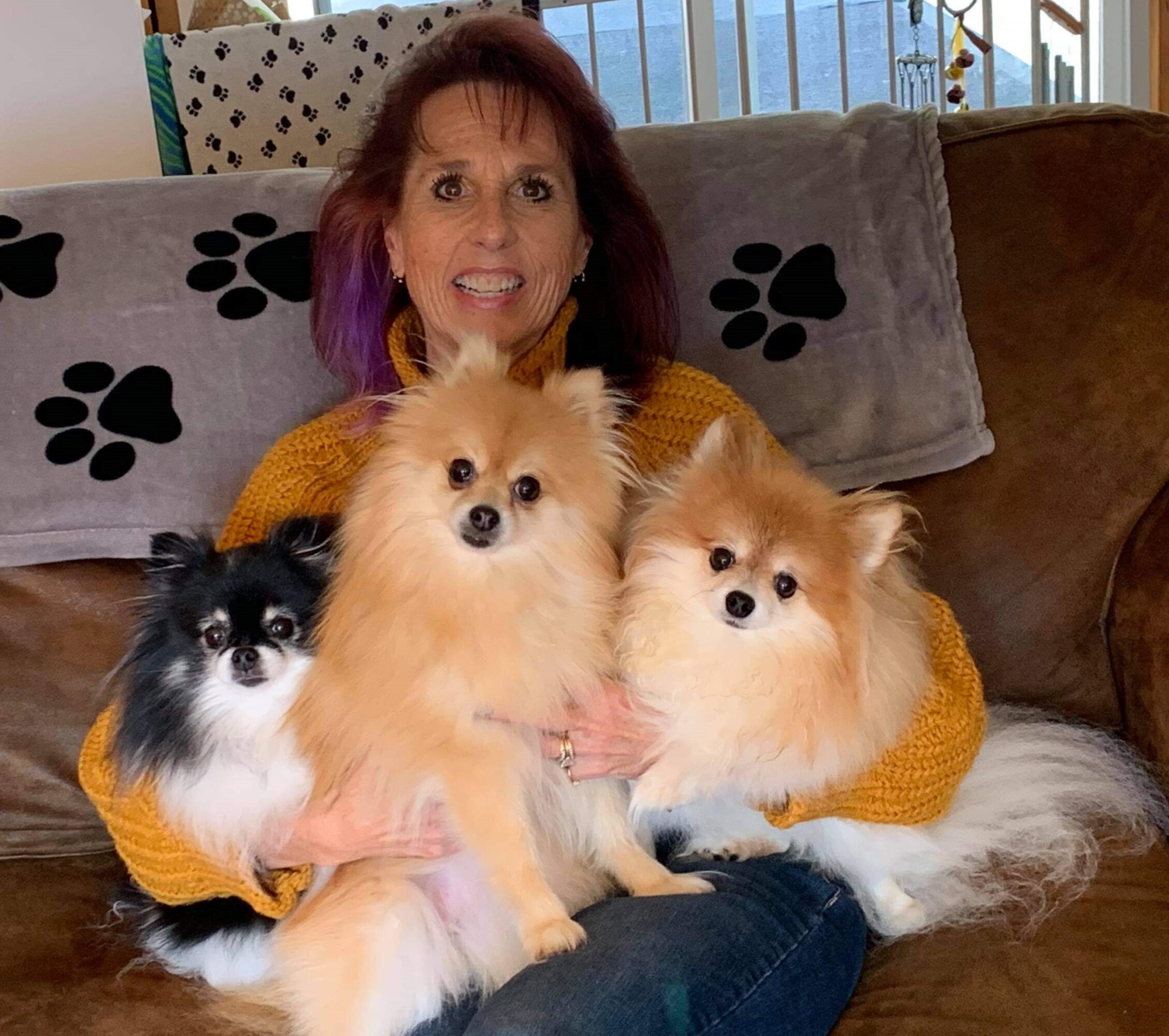 Woman sitting on a couch holding three small dogs, with a blanket featuring paw prints behind her.
