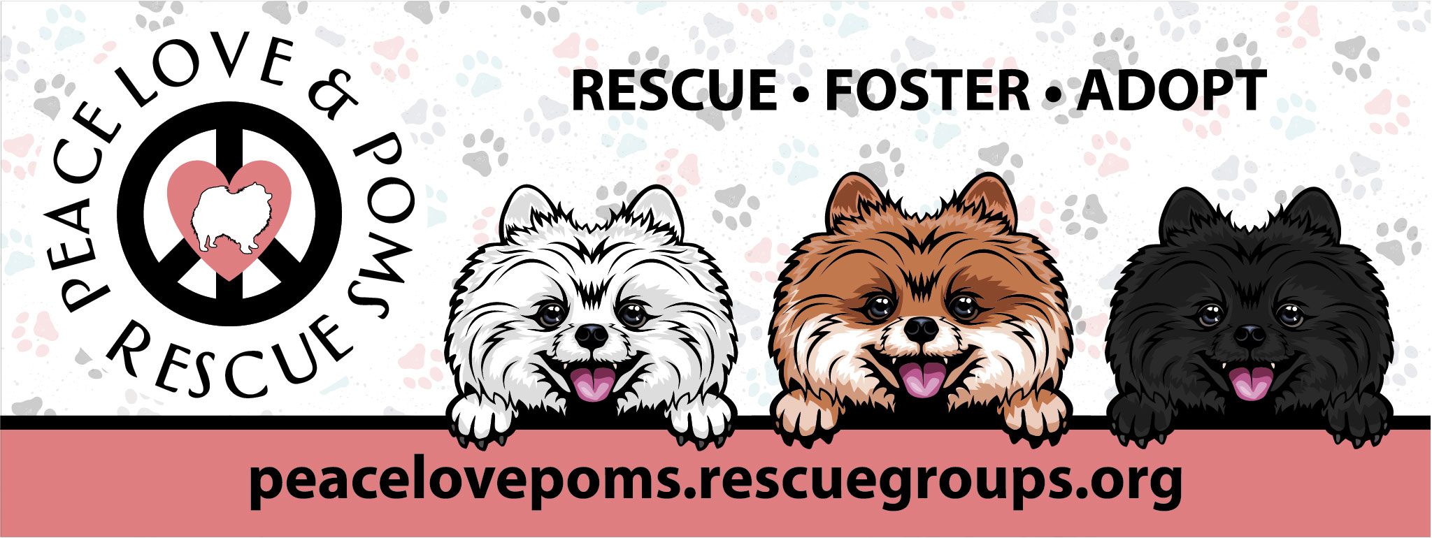 Three dogs with different fur colors and a logo with a heart and paw print, rescue and adoption message, website link.