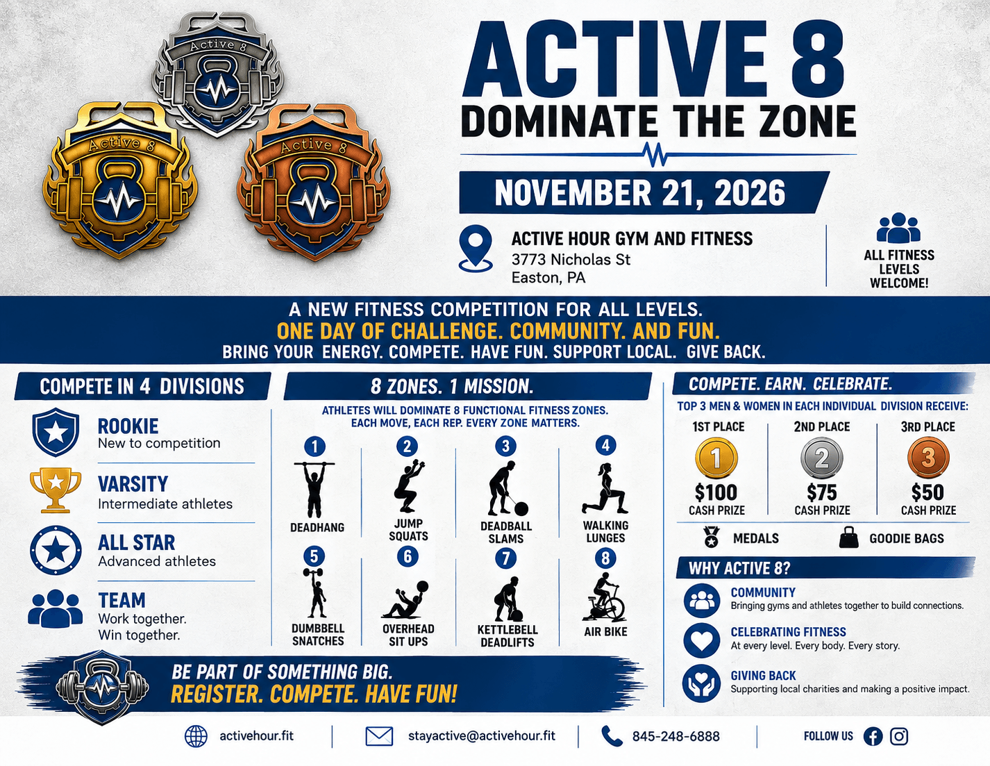 Event poster for ACTIVE 8 competition on November 21, 2026, with logos, schedule, and prizes, encouraging fitness and teamwork.
