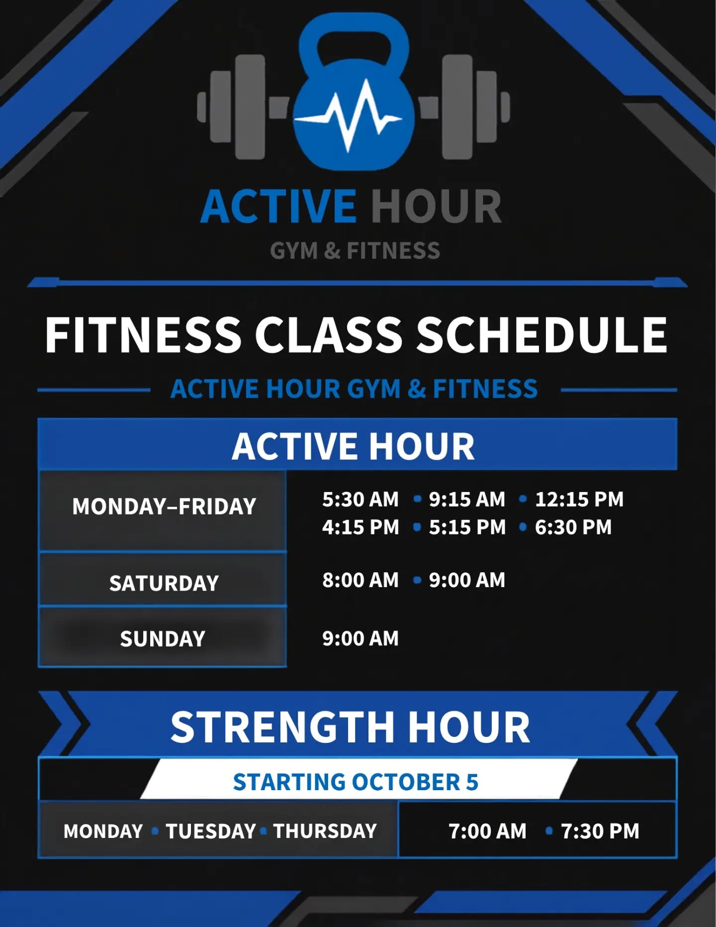 Gym schedule with active hour and strength hour classes, days, times, and a logo with a kettlebell and barbell.