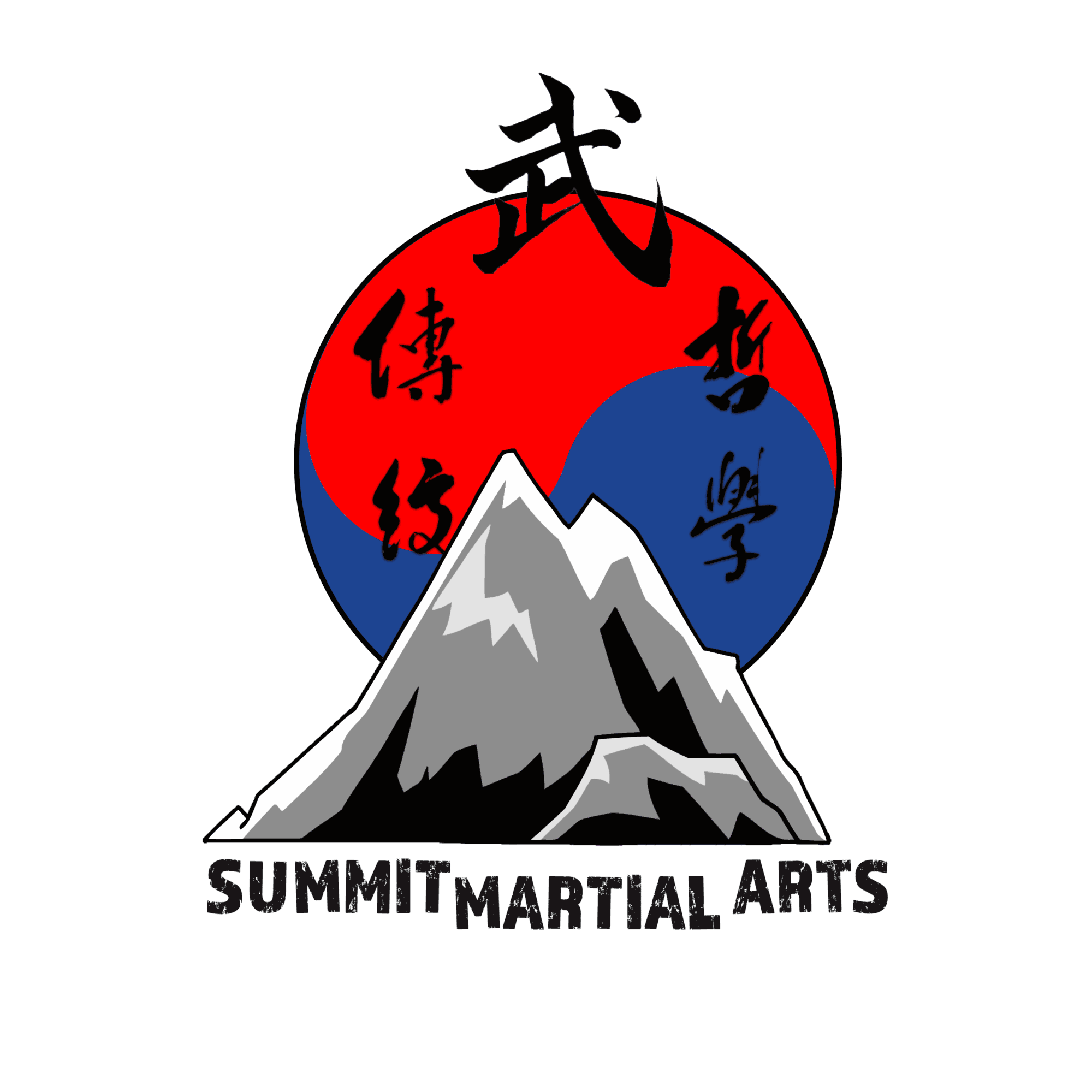 Logo with a mountain, red and blue circle, and Chinese characters, with text 'SUMMIT MARTIAL ARTS' below.