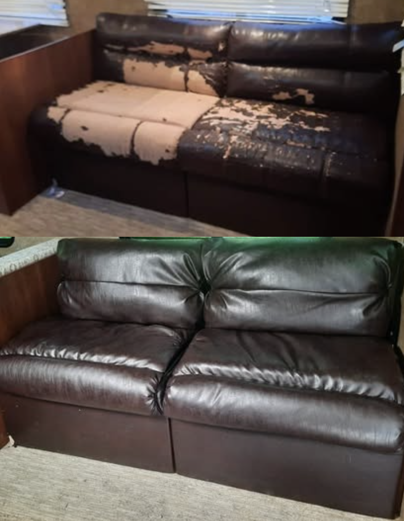 Two leather sofas, one damaged with peeling and torn upholstery, the other in good condition, in a room with wooden and carpeted flooring.