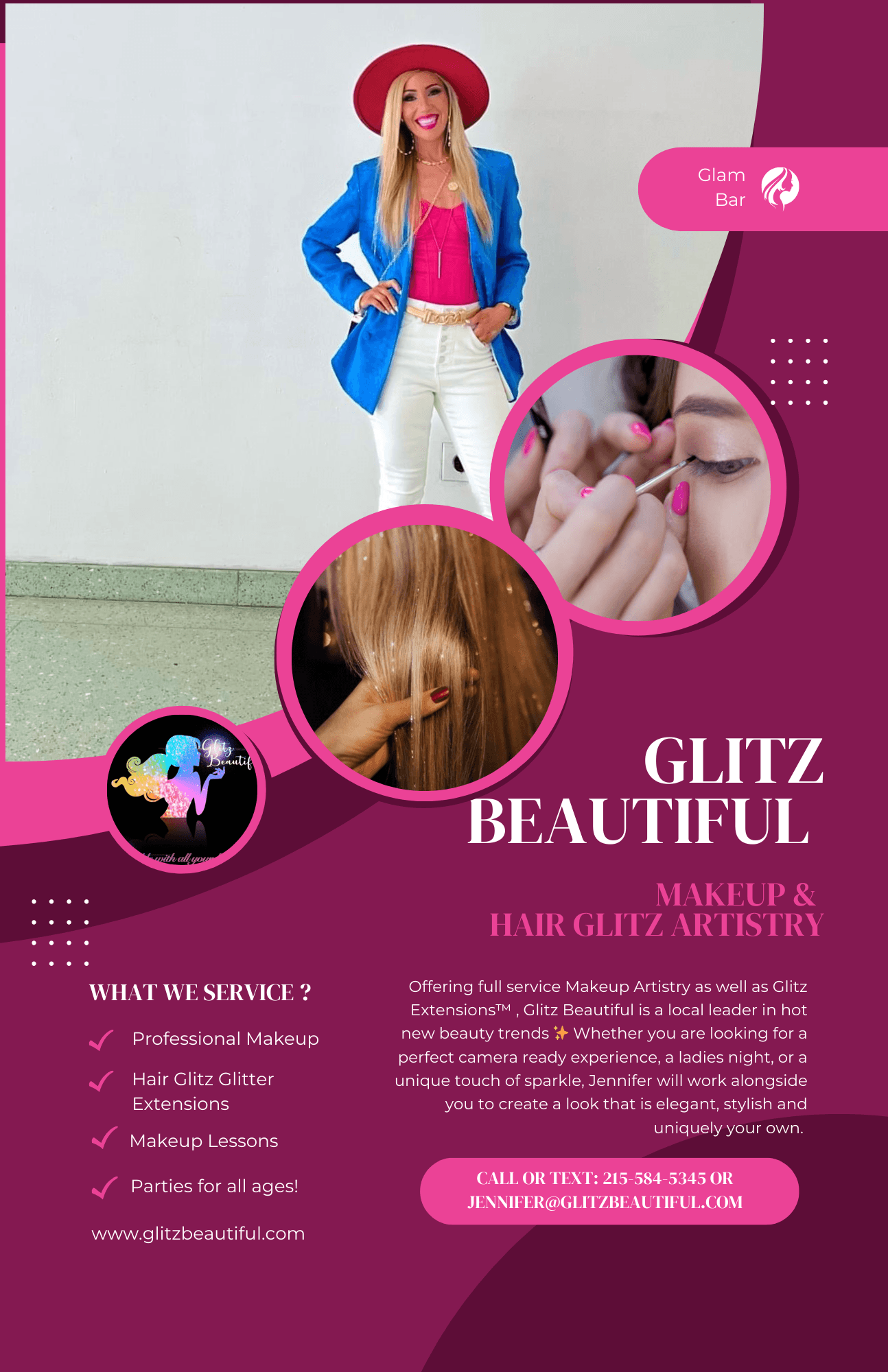 Woman with long blonde hair in a blue blazer and pink top, makeup application close-up, pink and purple graphic design elements.