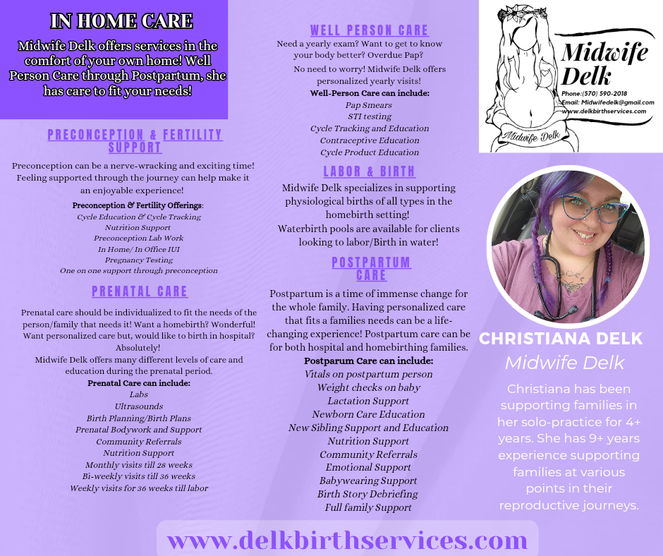 Brochure with information on home care, fertility support, and midwifery services, featuring a smiling woman with glasses, and a logo of Midwife Delki.