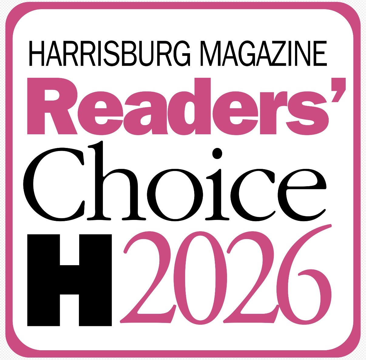 Harrisburg Magazine Readers' Choice H 2026 award logo with pink, black, and white text.