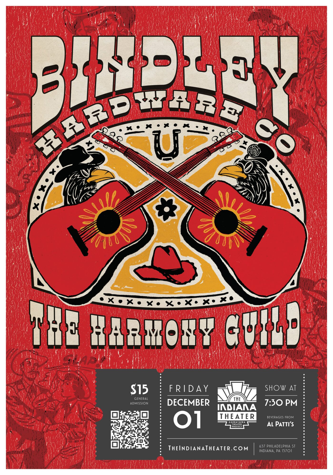 Concert ticket for Buddy Guy's show at Indiana Theater, December 1, with guitars, hats, and lips illustration, red background.