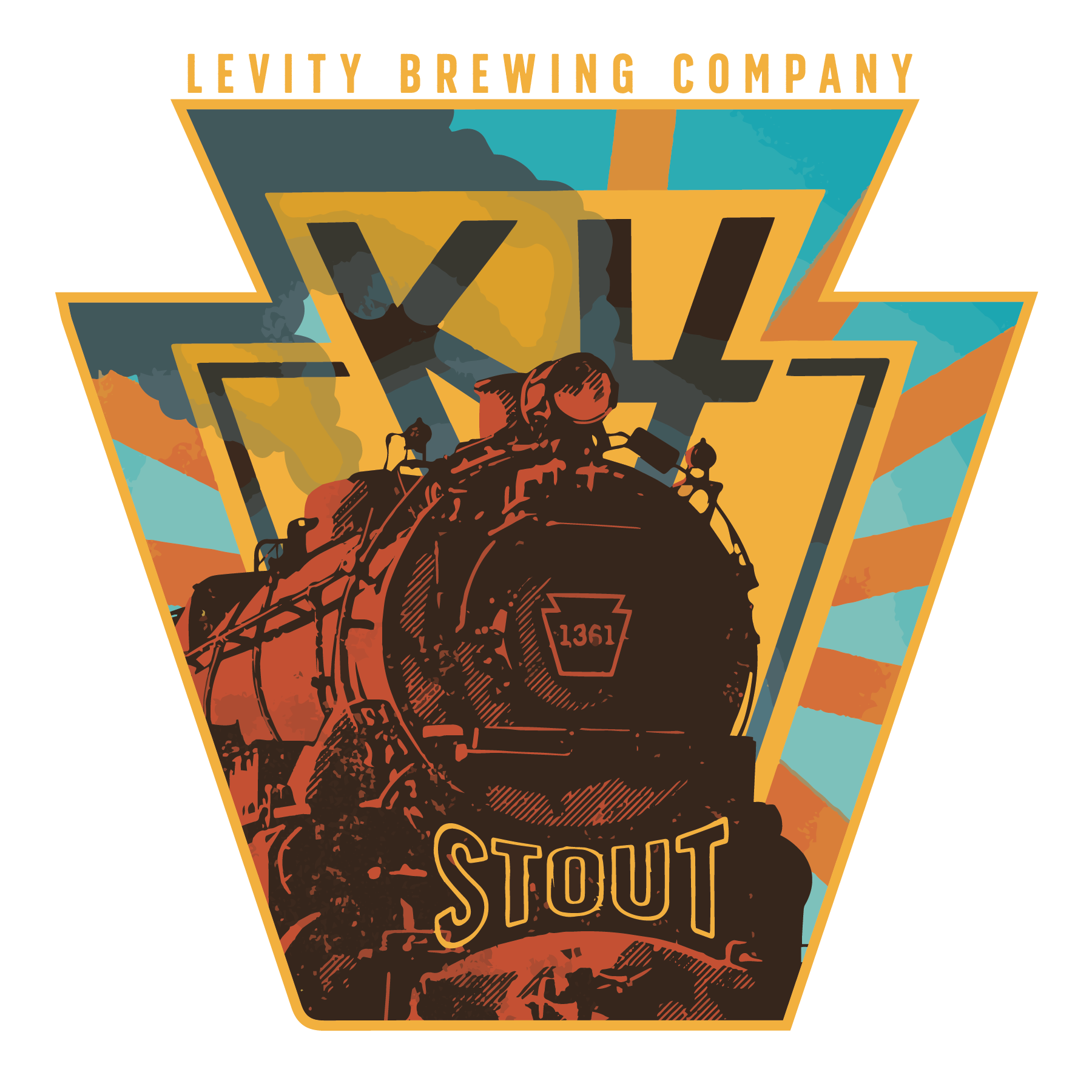 Logo of Levitty Brewing Company featuring a steam locomotive with a colorful background and the word 'Stout'.